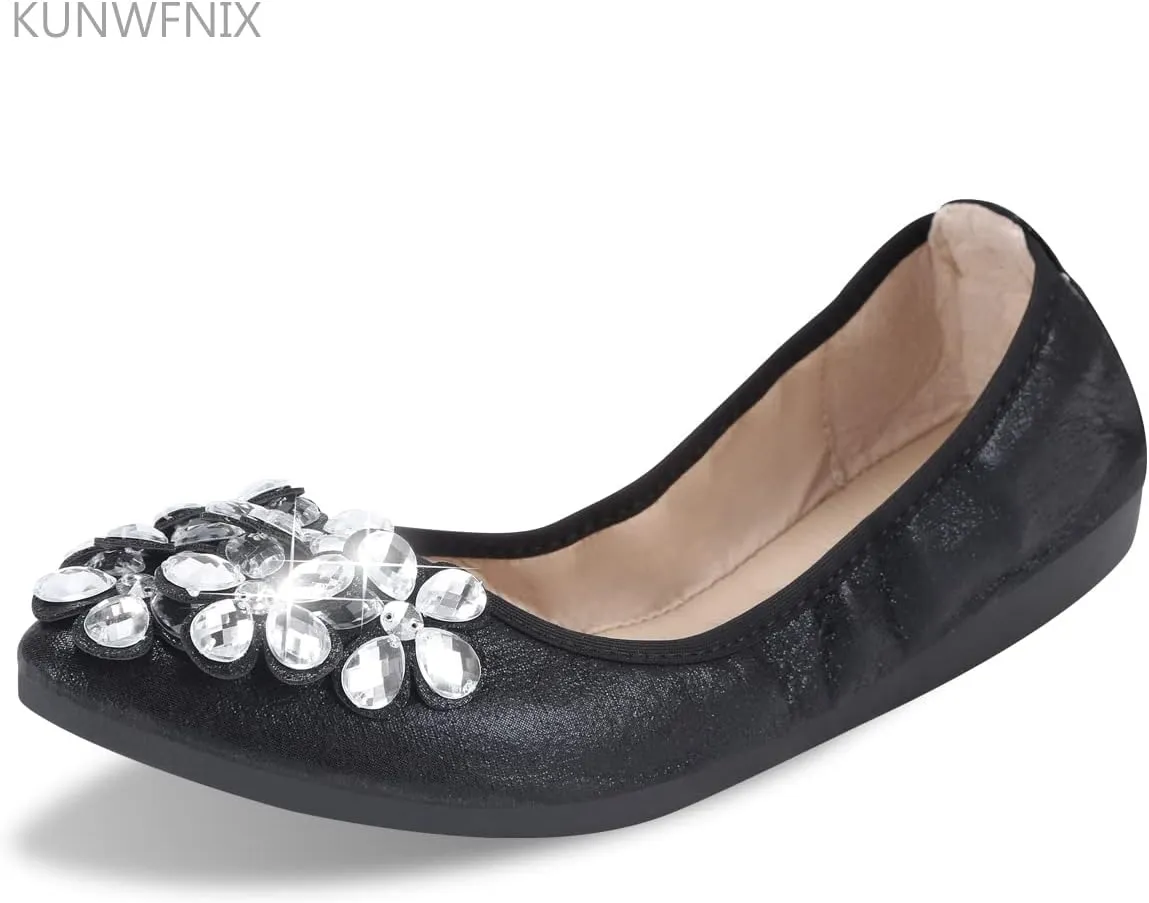 KUNWFNIX Women Ballet Flats Rhinestone Wedding Ballerina Shoes Foldable Sparkly Comfort Slip on Flat Shoes