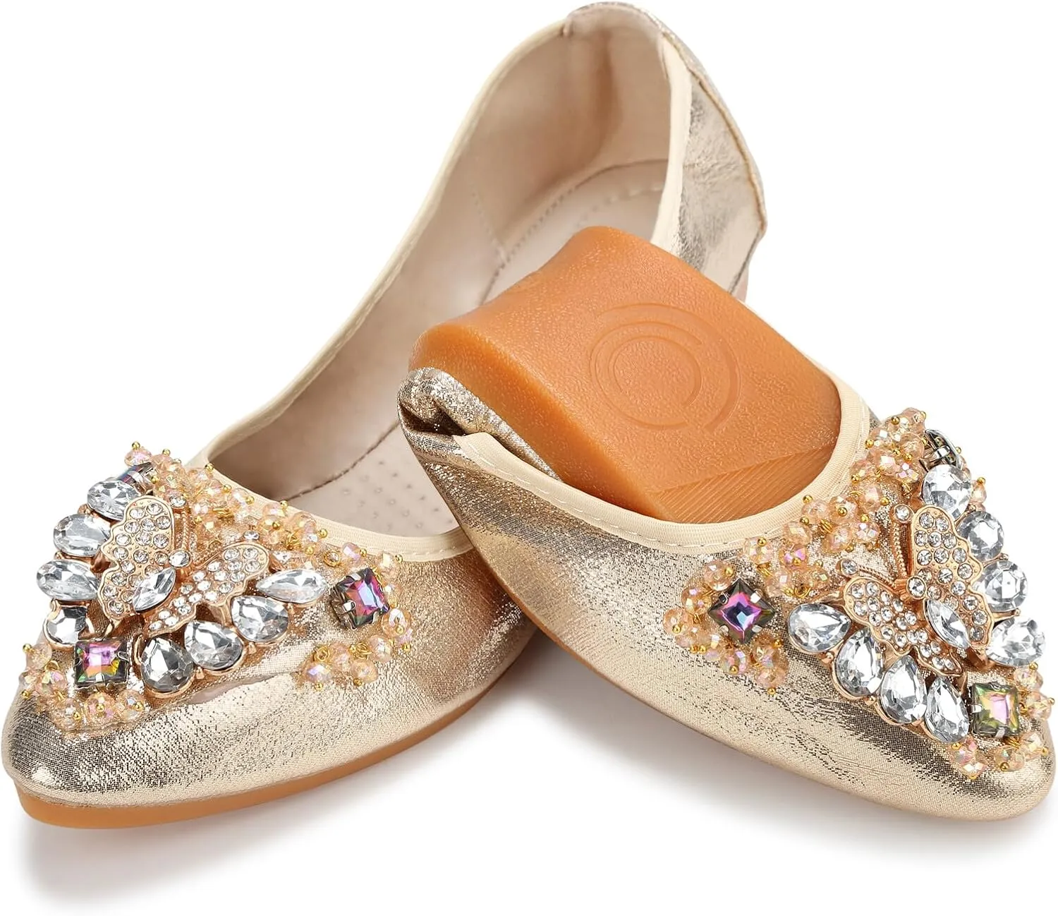 KUNWFNIX Women Ballet Flats Rhinestone Wedding Ballerina Shoes Foldable Sparkly Comfort Slip on Flat Shoes