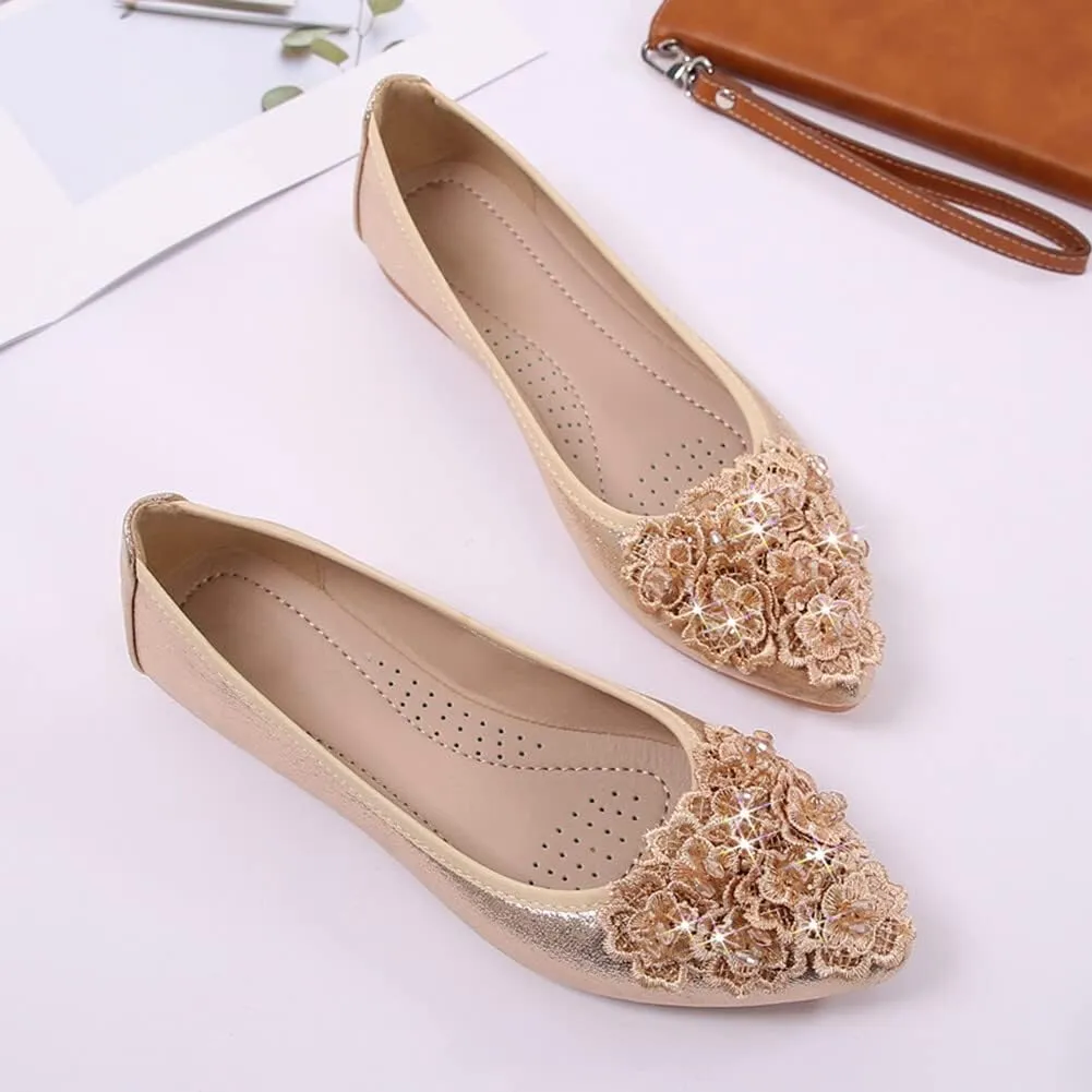 KUNWFNIX Women Ballet Flats Rhinestone Wedding Ballerina Shoes Foldable Sparkly Comfort Slip on Flat Shoes