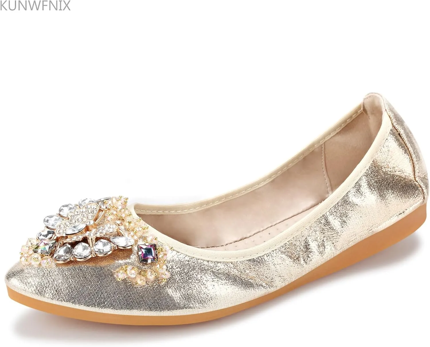 KUNWFNIX Women Ballet Flats Rhinestone Wedding Ballerina Shoes Foldable Sparkly Comfort Slip on Flat Shoes