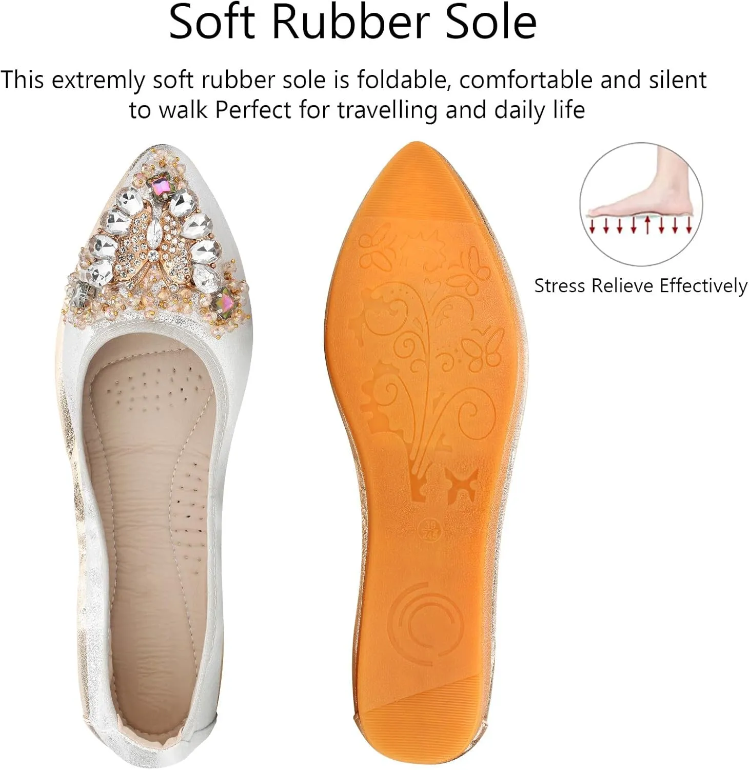 KUNWFNIX Women Ballet Flats Rhinestone Wedding Ballerina Shoes Foldable Sparkly Comfort Slip on Flat Shoes