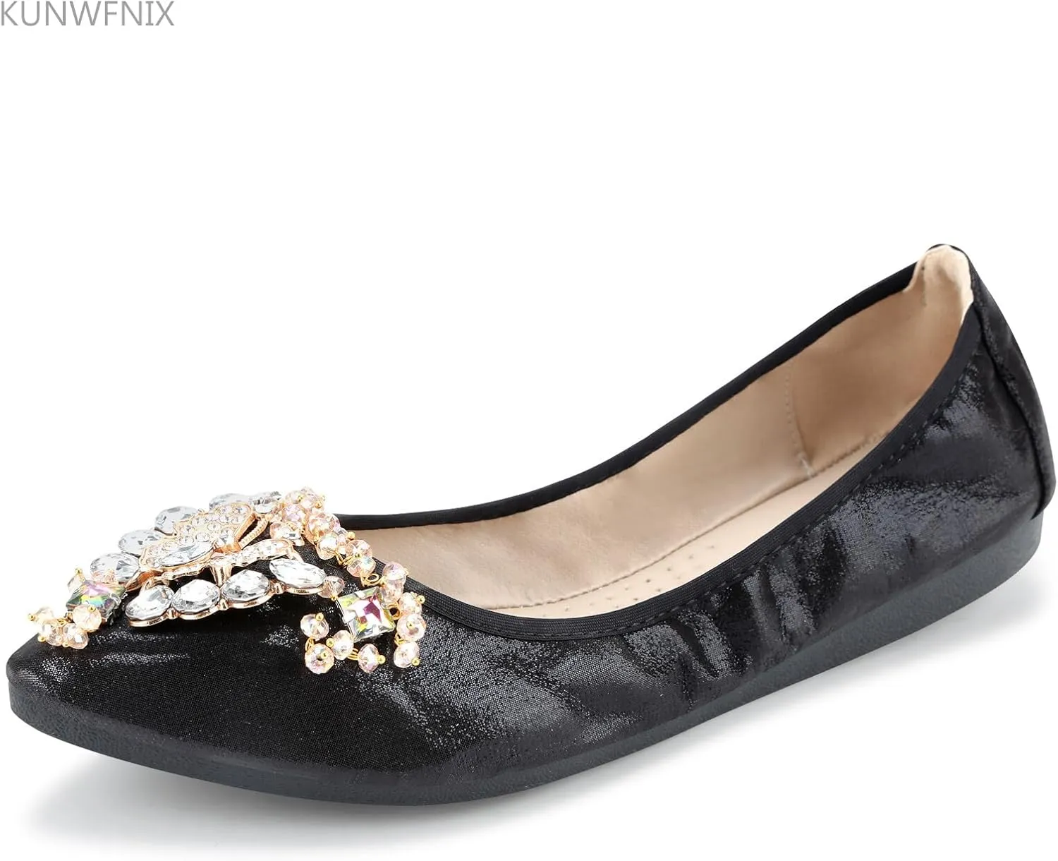 KUNWFNIX Women Ballet Flats Rhinestone Wedding Ballerina Shoes Foldable Sparkly Comfort Slip on Flat Shoes