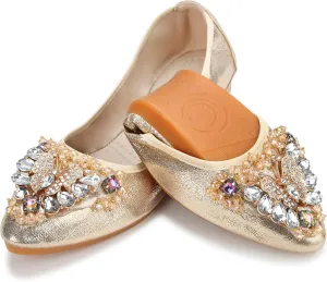 KUNWFNIX Women Ballet Flats Rhinestone Wedding Ballerina Shoes Foldable Sparkly Comfort Slip on Flat Shoes