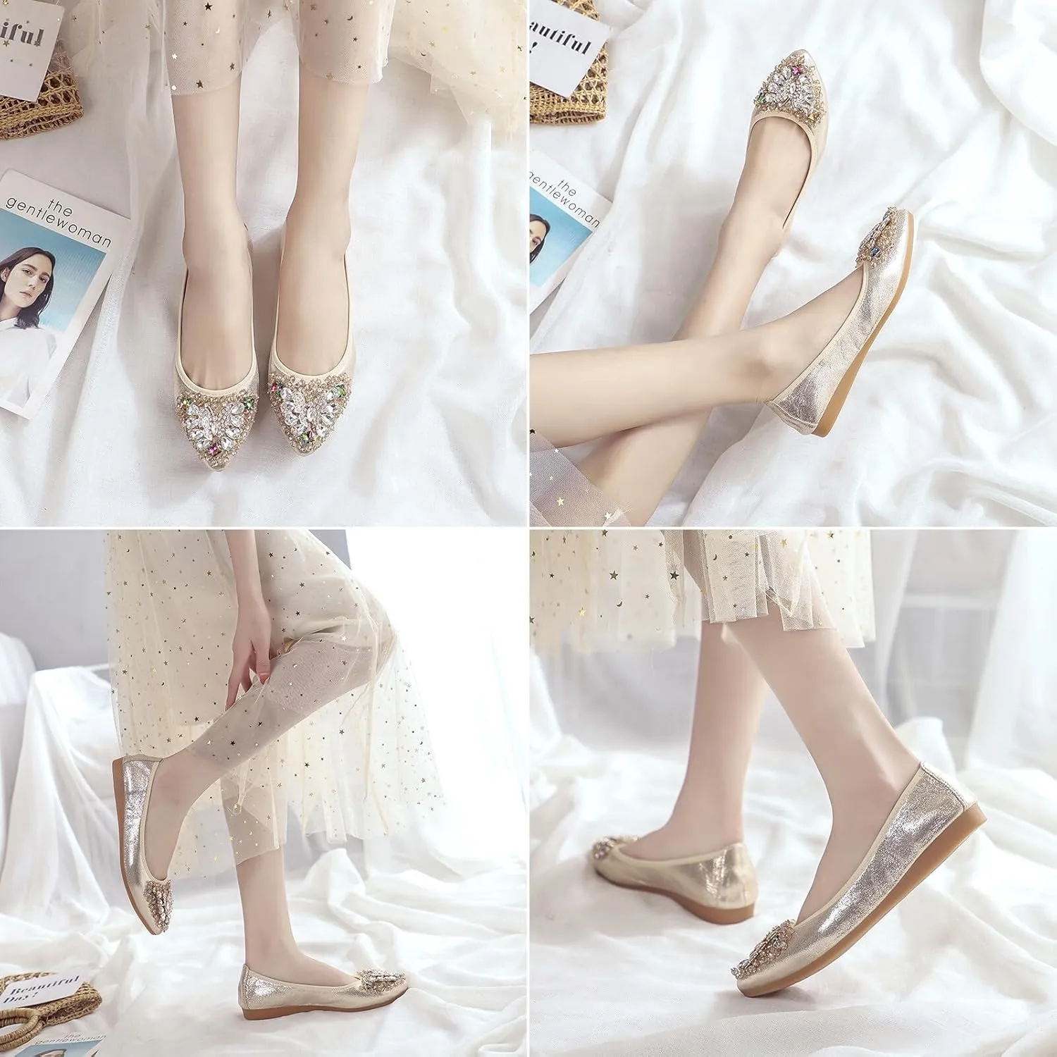 KUNWFNIX Women Ballet Flats Rhinestone Wedding Ballerina Shoes Foldable Sparkly Comfort Slip on Flat Shoes