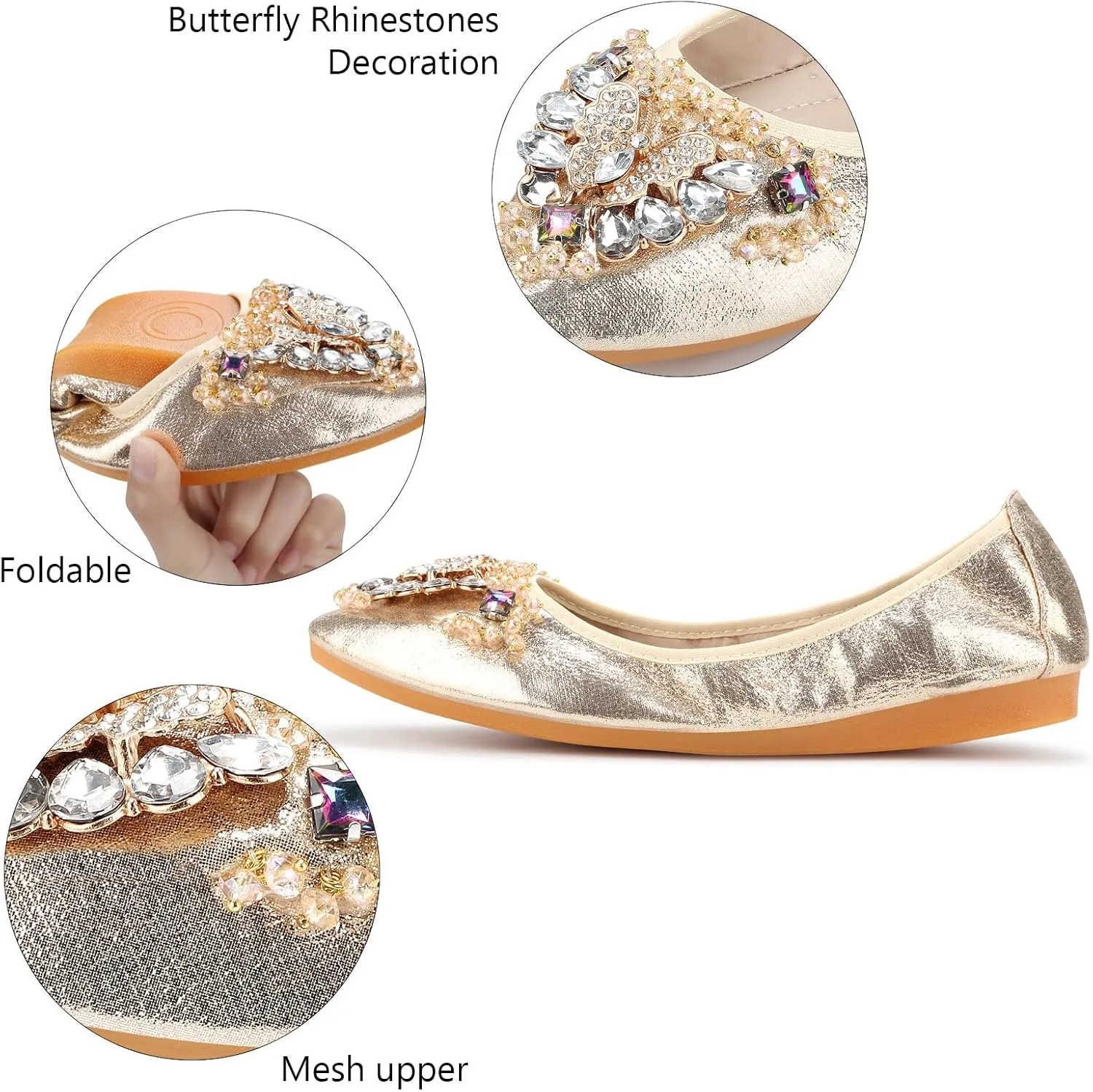 KUNWFNIX Women Ballet Flats Rhinestone Wedding Ballerina Shoes Foldable Sparkly Comfort Slip on Flat Shoes