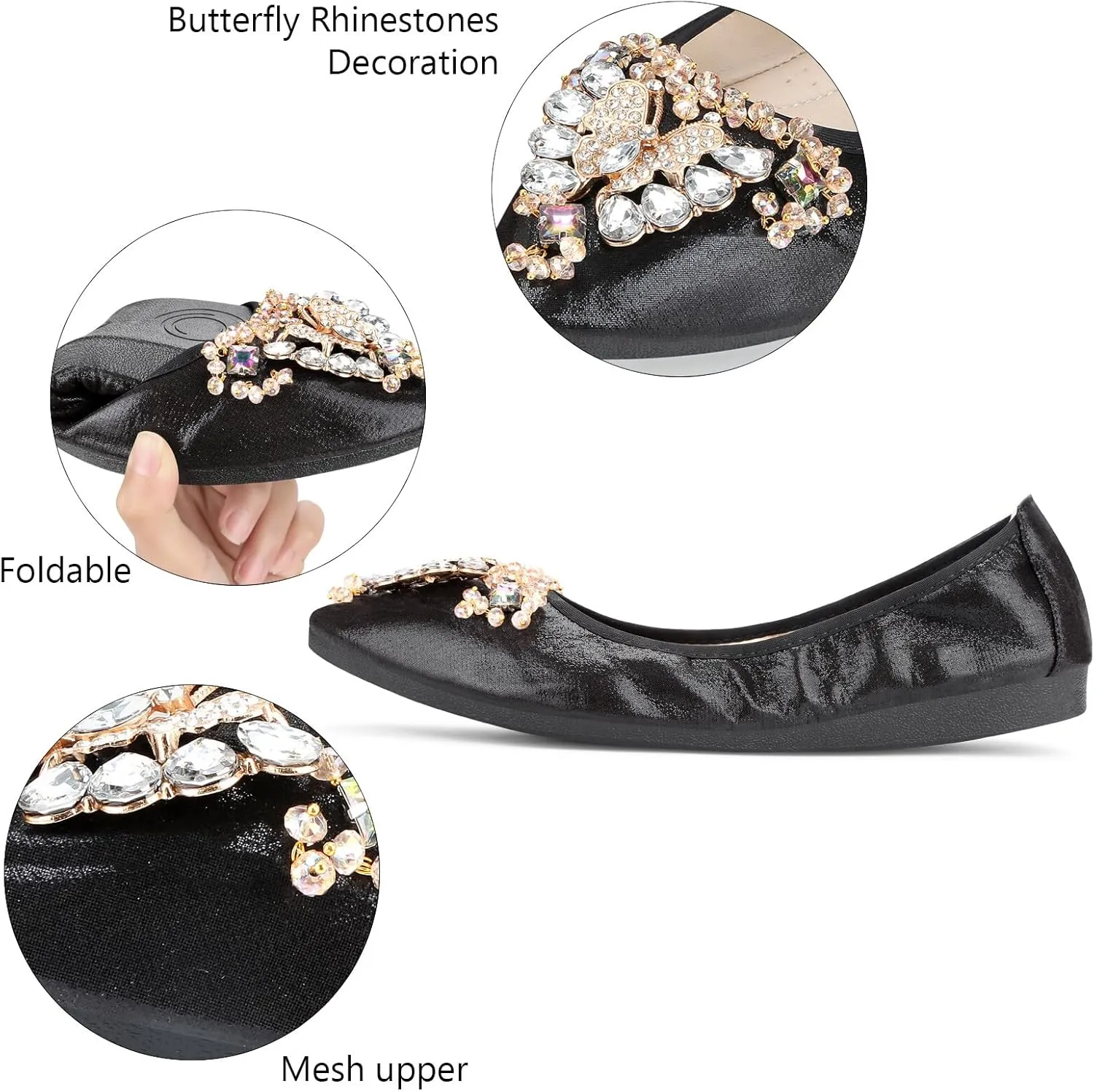 KUNWFNIX Women Ballet Flats Rhinestone Wedding Ballerina Shoes Foldable Sparkly Comfort Slip on Flat Shoes