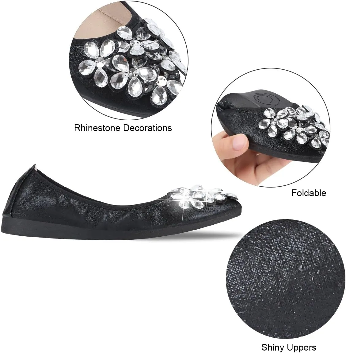 KUNWFNIX Women Ballet Flats Rhinestone Wedding Ballerina Shoes Foldable Sparkly Comfort Slip on Flat Shoes
