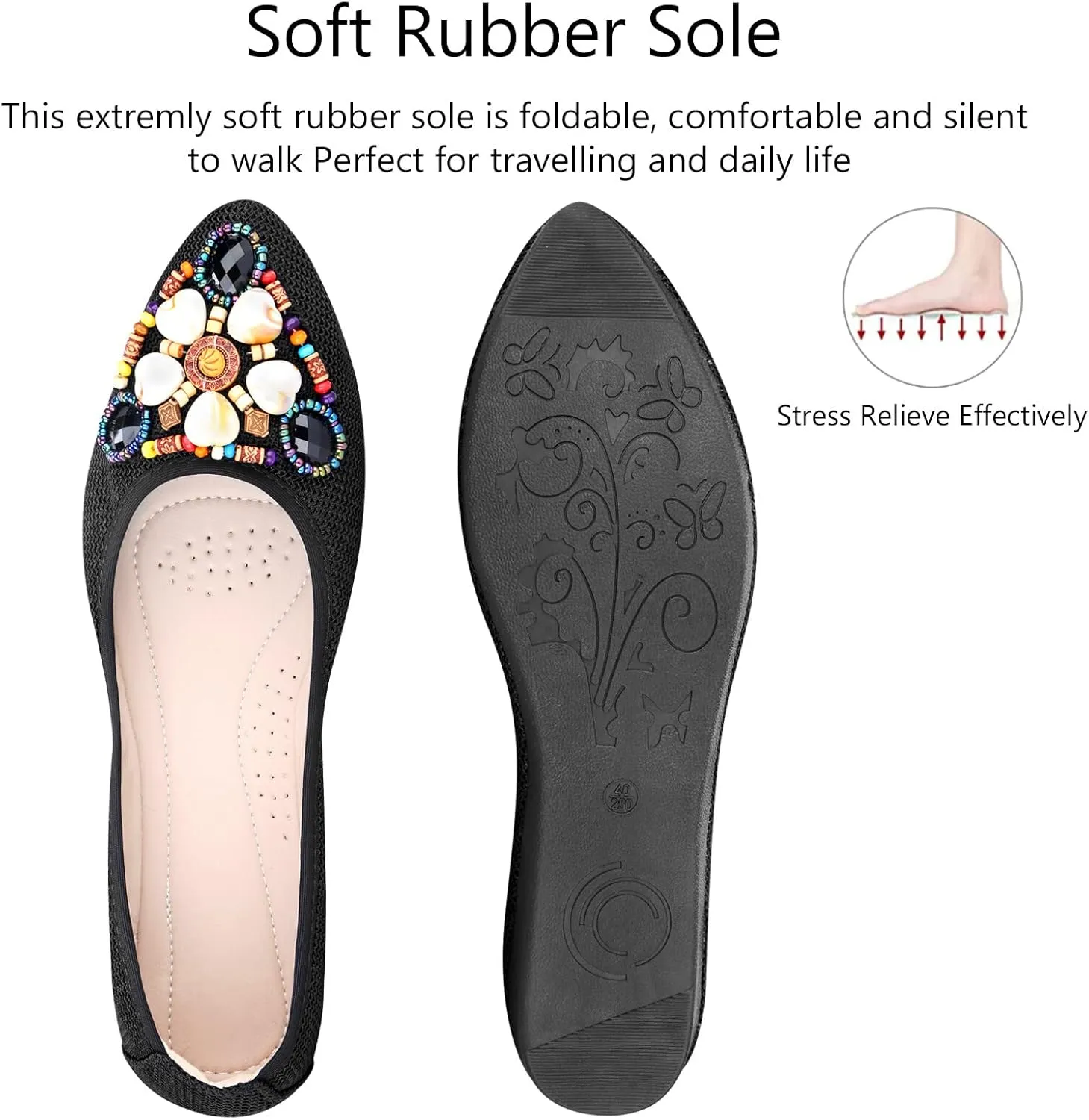 KUNWFNIX Women's Ballet Flats Foldable Classic Crown Rhinestone Slip On Flowers PU Leather Pointed Toe Comfort Flat Casual Dress Shoes