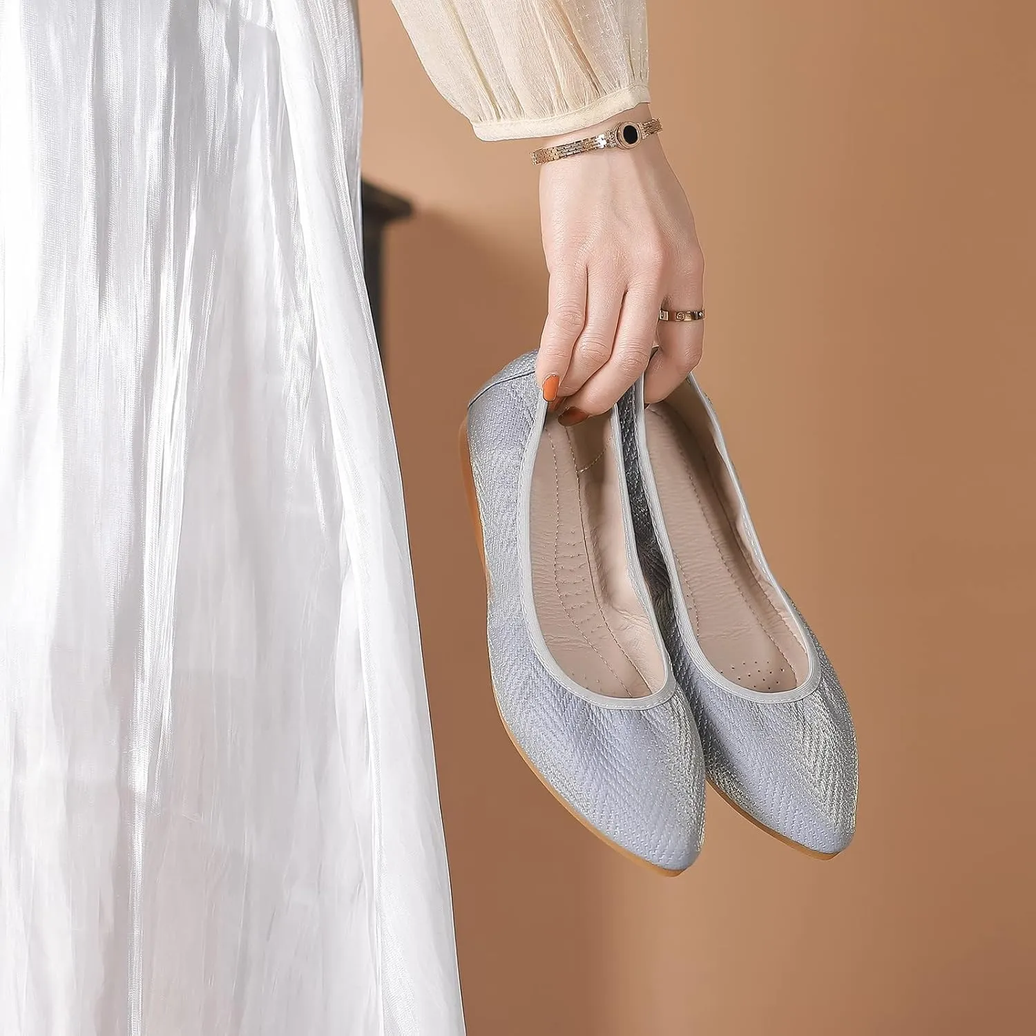 KUNWFNIX Women's Ballet Flats Foldable Classic Crown Rhinestone Slip On Flowers PU Leather Pointed Toe Comfort Flat Casual Dress Shoes
