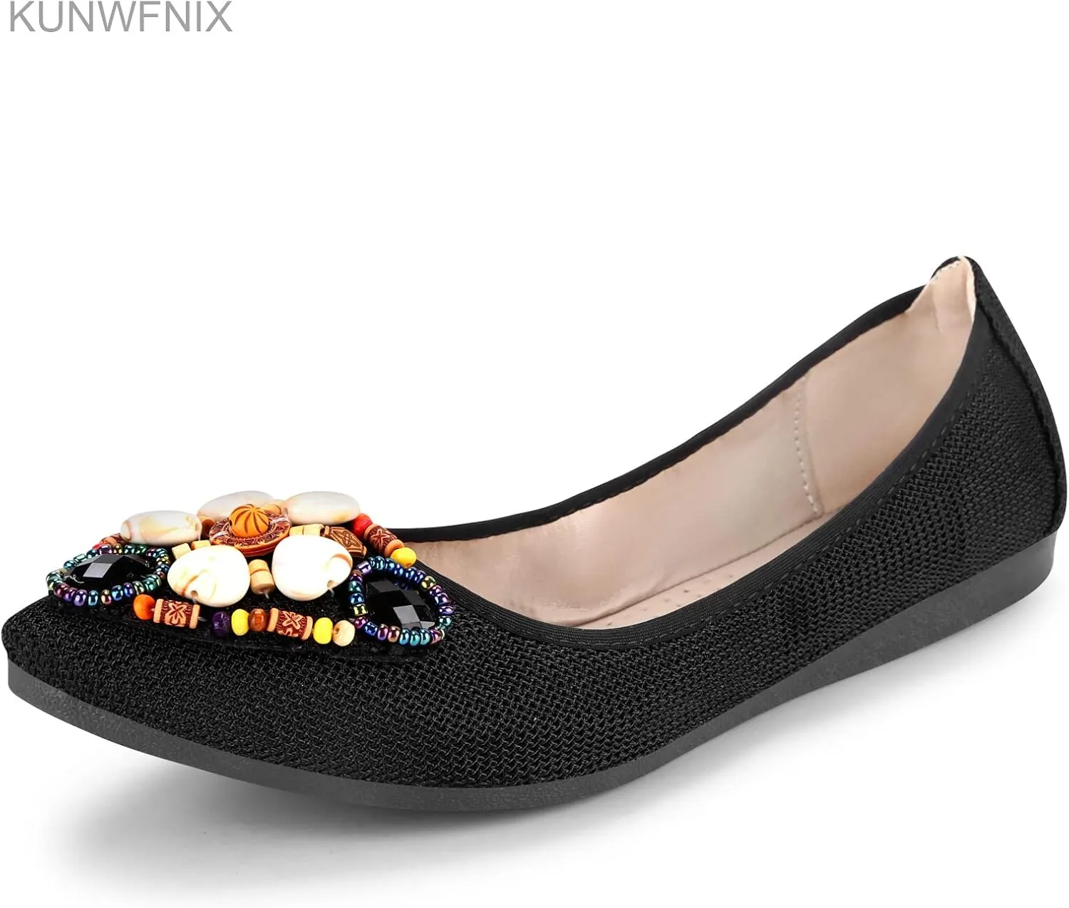 KUNWFNIX Women's Ballet Flats Foldable Classic Crown Rhinestone Slip On Flowers PU Leather Pointed Toe Comfort Flat Casual Dress Shoes