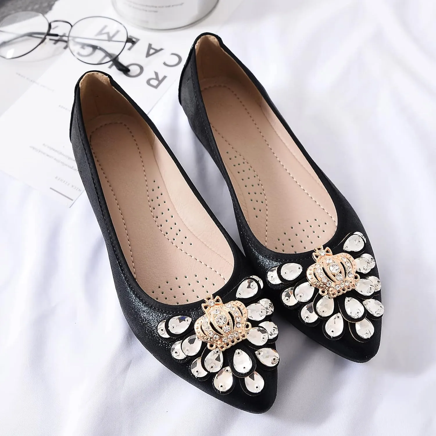 KUNWFNIX Women's Ballet Flats Foldable Classic Crown Rhinestone Slip On Flowers PU Leather Pointed Toe Comfort Flat Casual Dress Shoes