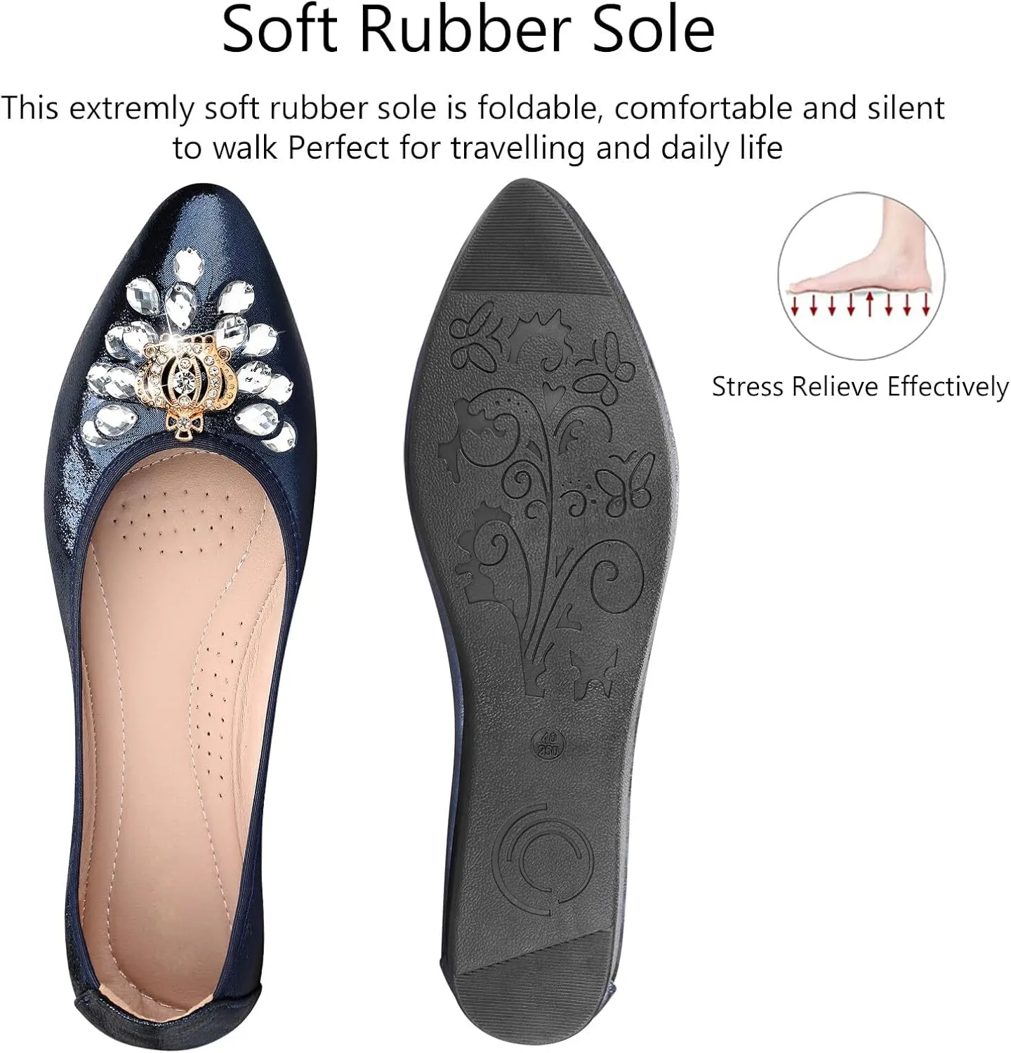 KUNWFNIX Women's Ballet Flats Foldable Classic Crown Rhinestone Slip On Flowers PU Leather Pointed Toe Comfort Flat Casual Dress Shoes