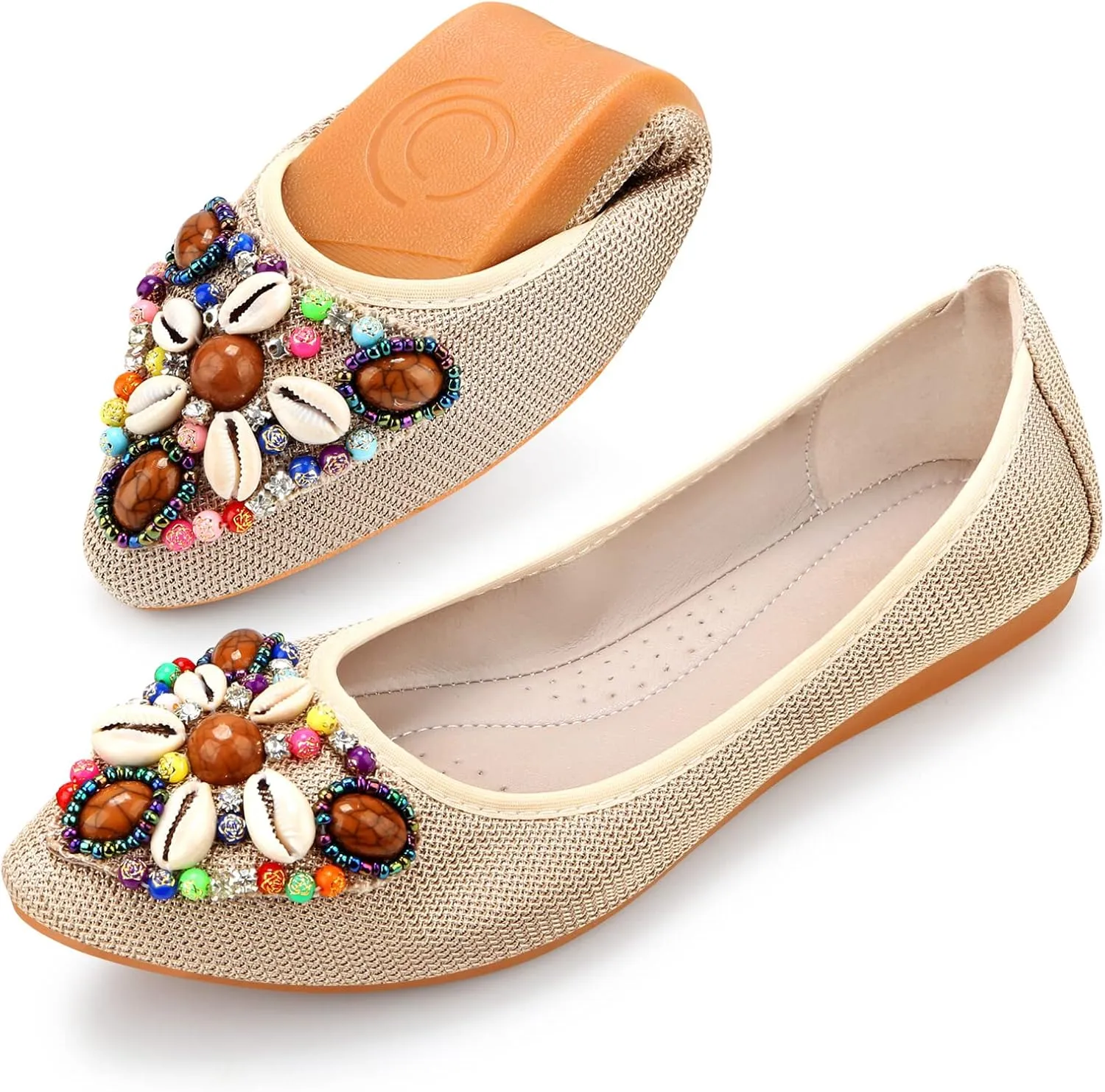 KUNWFNIX Women's Ballet Flats Foldable Classic Crown Rhinestone Slip On Flowers PU Leather Pointed Toe Comfort Flat Casual Dress Shoes