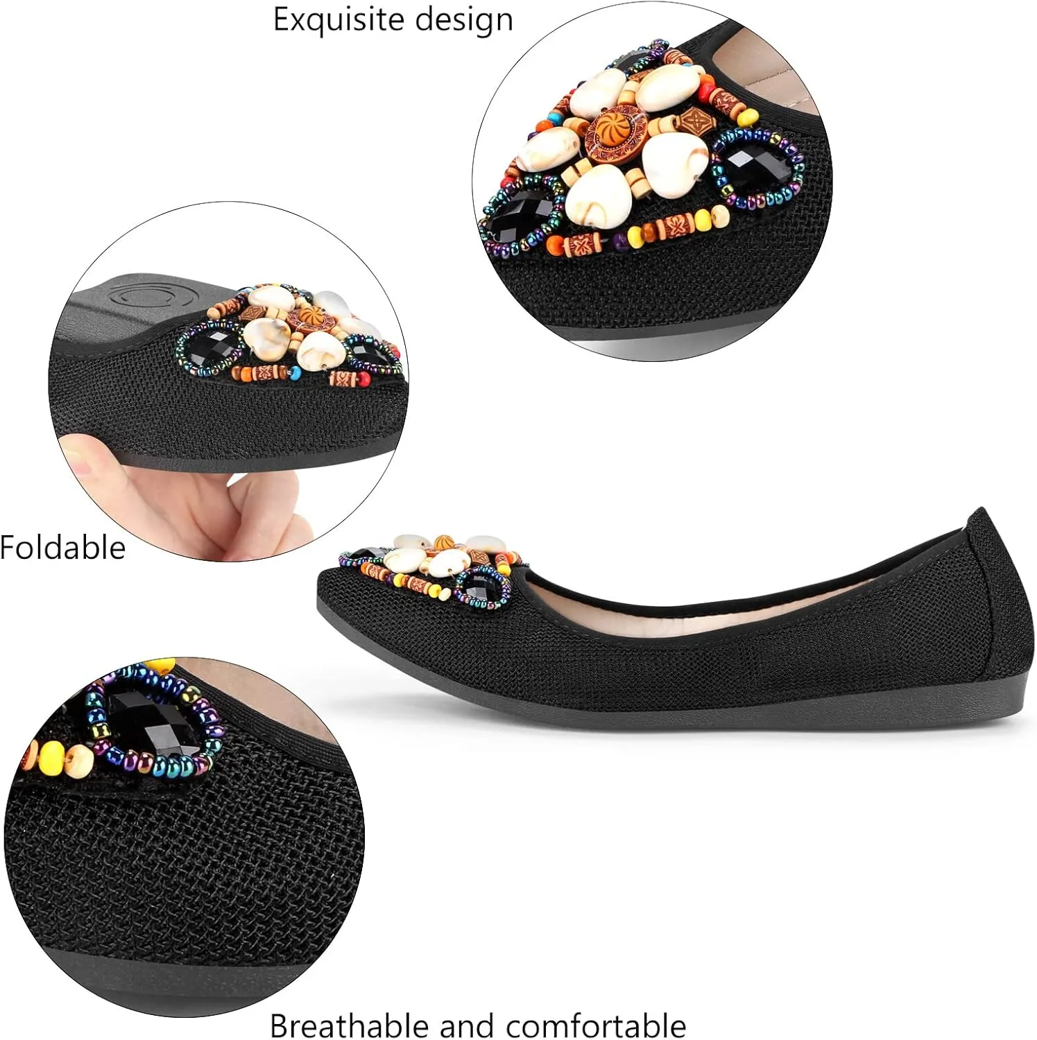KUNWFNIX Women's Ballet Flats Foldable Classic Crown Rhinestone Slip On Flowers PU Leather Pointed Toe Comfort Flat Casual Dress Shoes