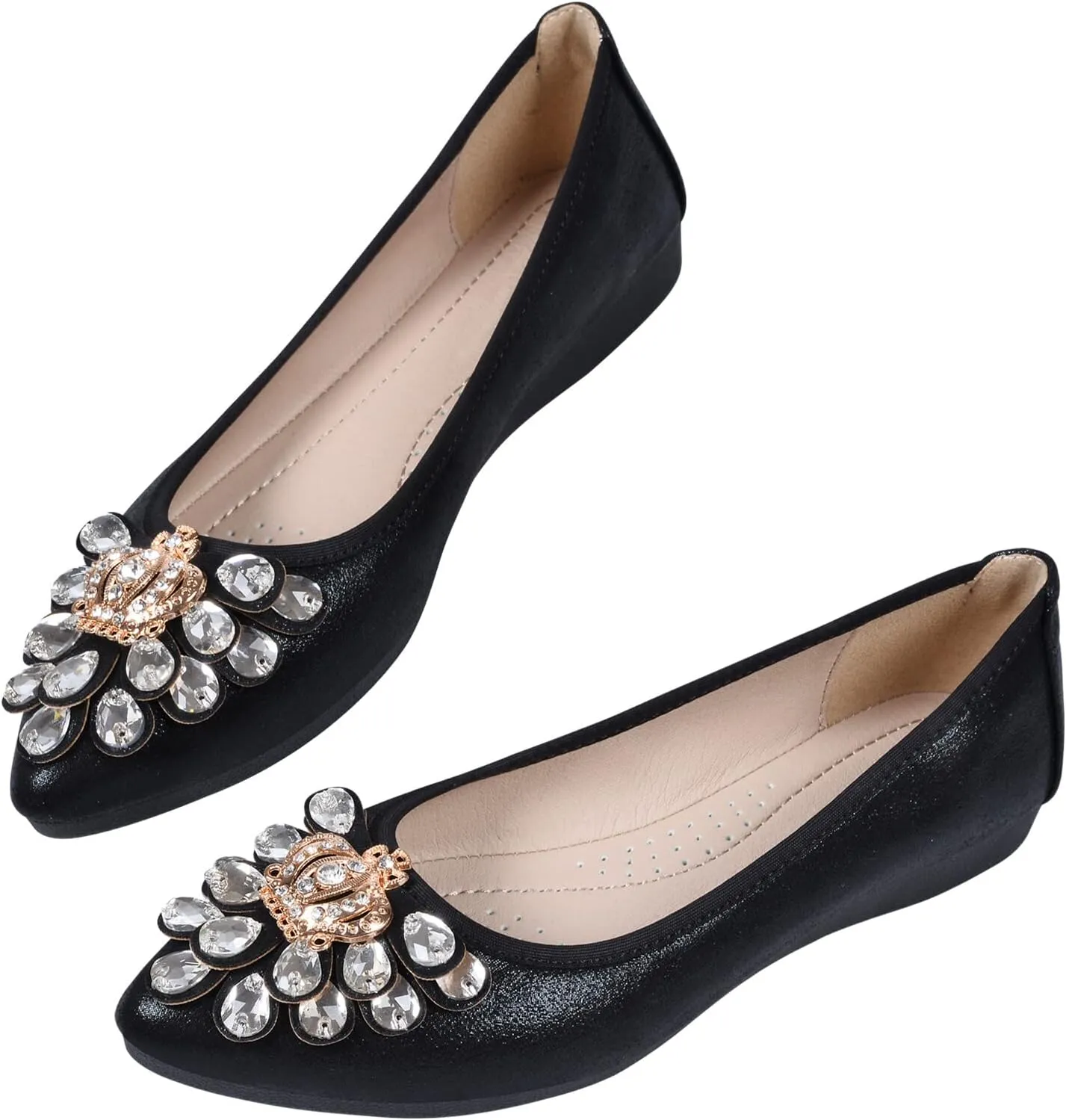 KUNWFNIX Women's Ballet Flats Foldable Classic Crown Rhinestone Slip On Flowers PU Leather Pointed Toe Comfort Flat Casual Dress Shoes