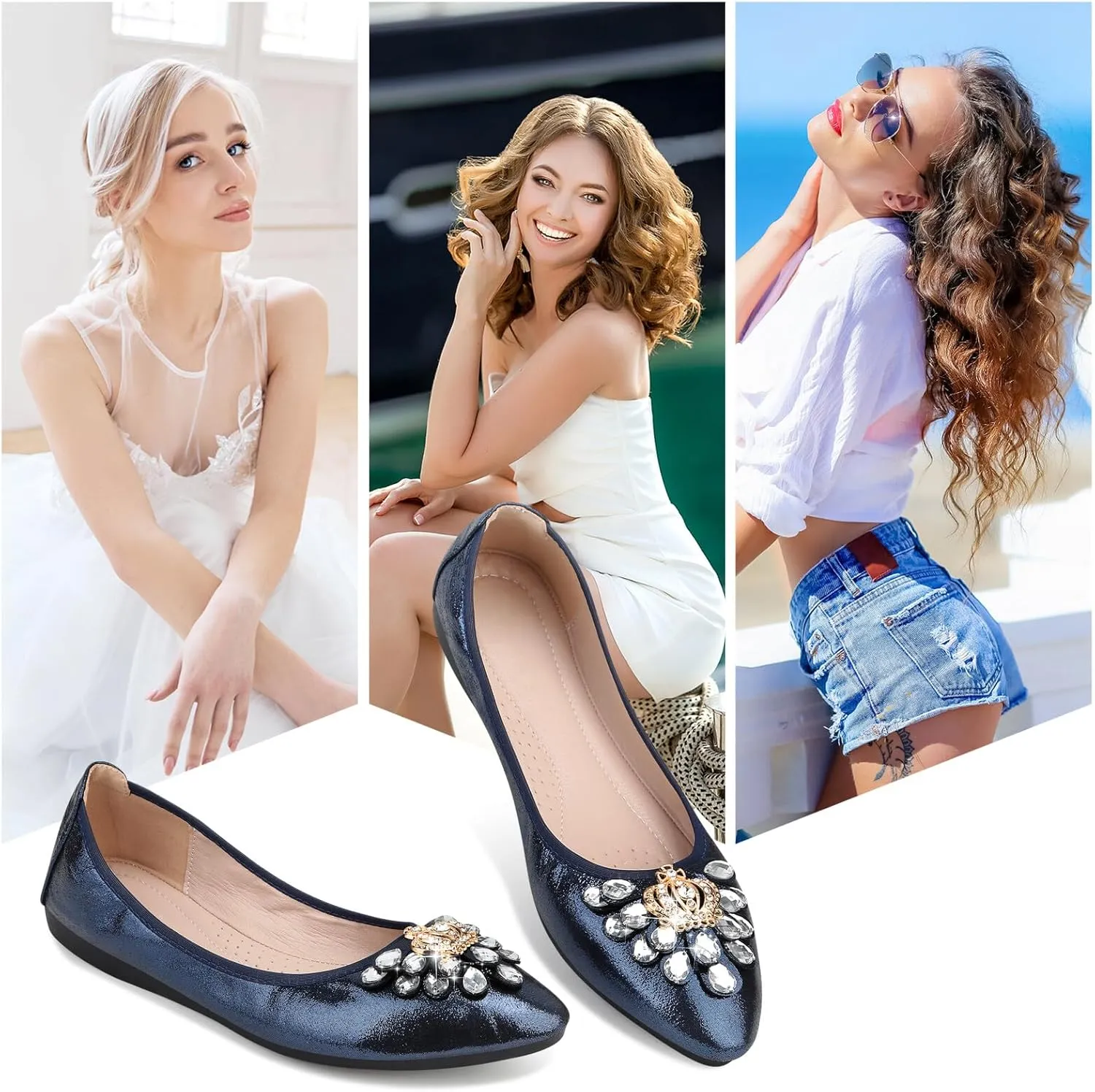 KUNWFNIX Women's Ballet Flats Foldable Classic Crown Rhinestone Slip On Flowers PU Leather Pointed Toe Comfort Flat Casual Dress Shoes