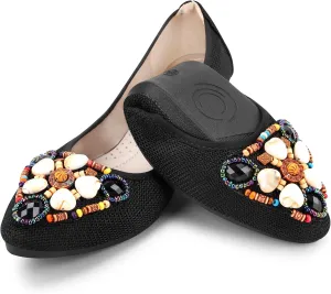 KUNWFNIX Women's Ballet Flats Foldable Classic Crown Rhinestone Slip On Flowers PU Leather Pointed Toe Comfort Flat Casual Dress Shoes