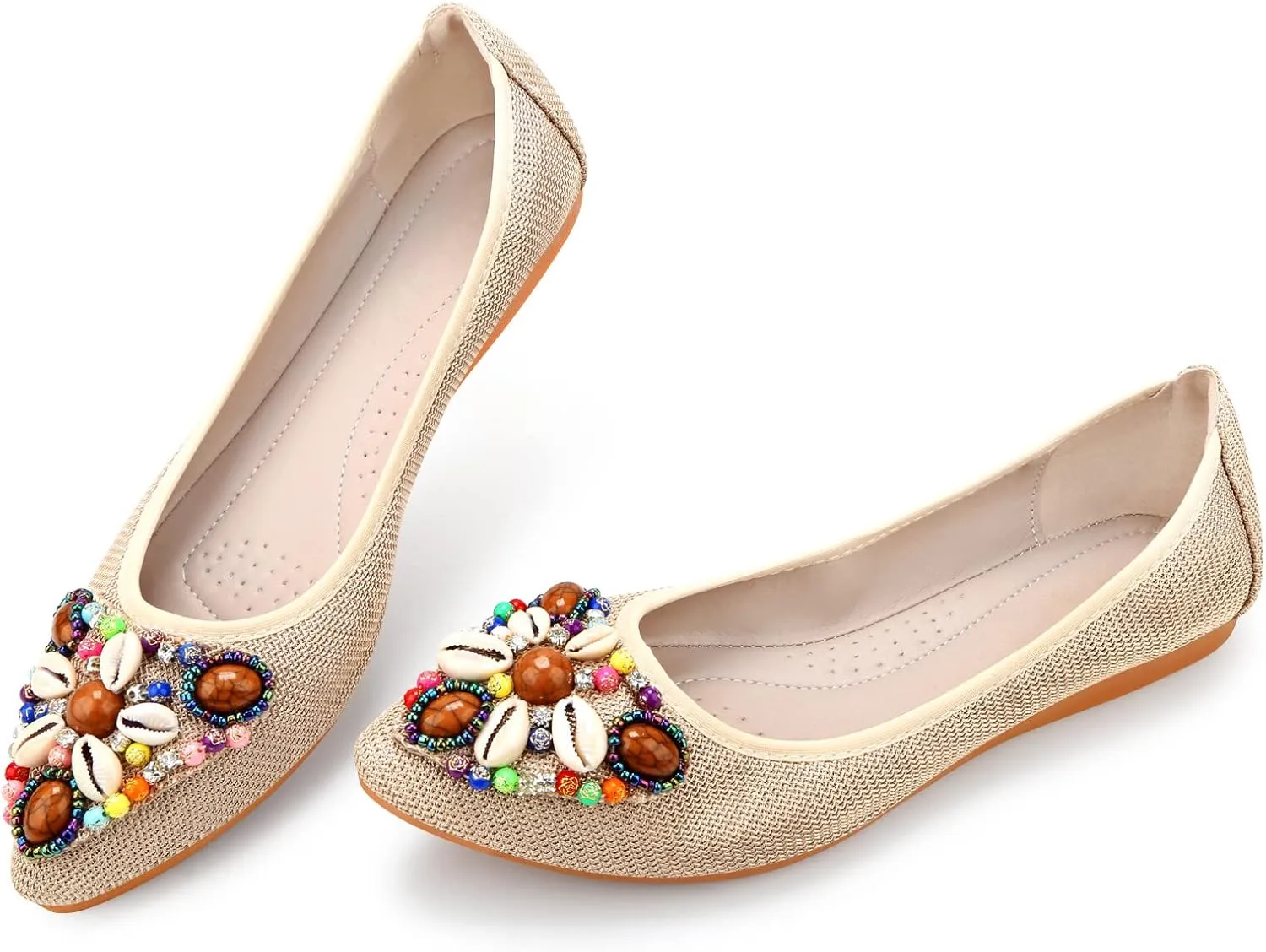 KUNWFNIX Women's Ballet Flats Foldable Classic Crown Rhinestone Slip On Flowers PU Leather Pointed Toe Comfort Flat Casual Dress Shoes
