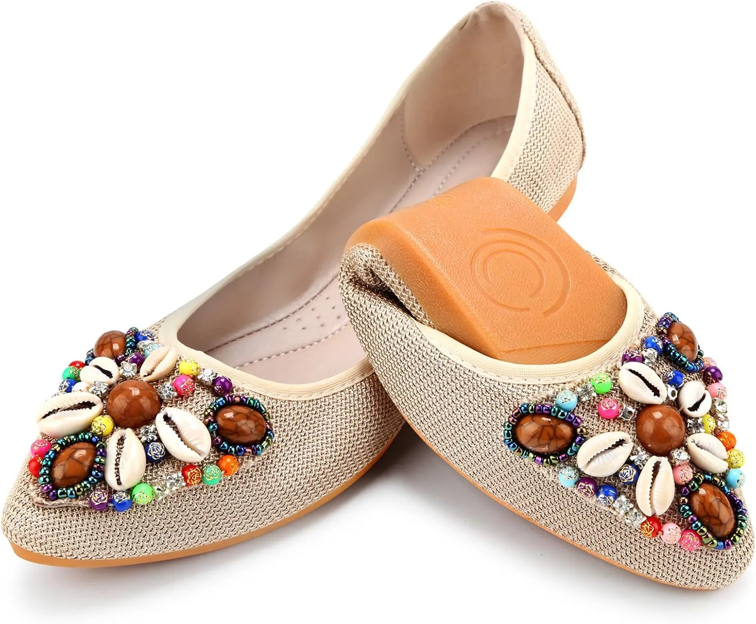 KUNWFNIX Women's Ballet Flats Foldable Classic Crown Rhinestone Slip On Flowers PU Leather Pointed Toe Comfort Flat Casual Dress Shoes