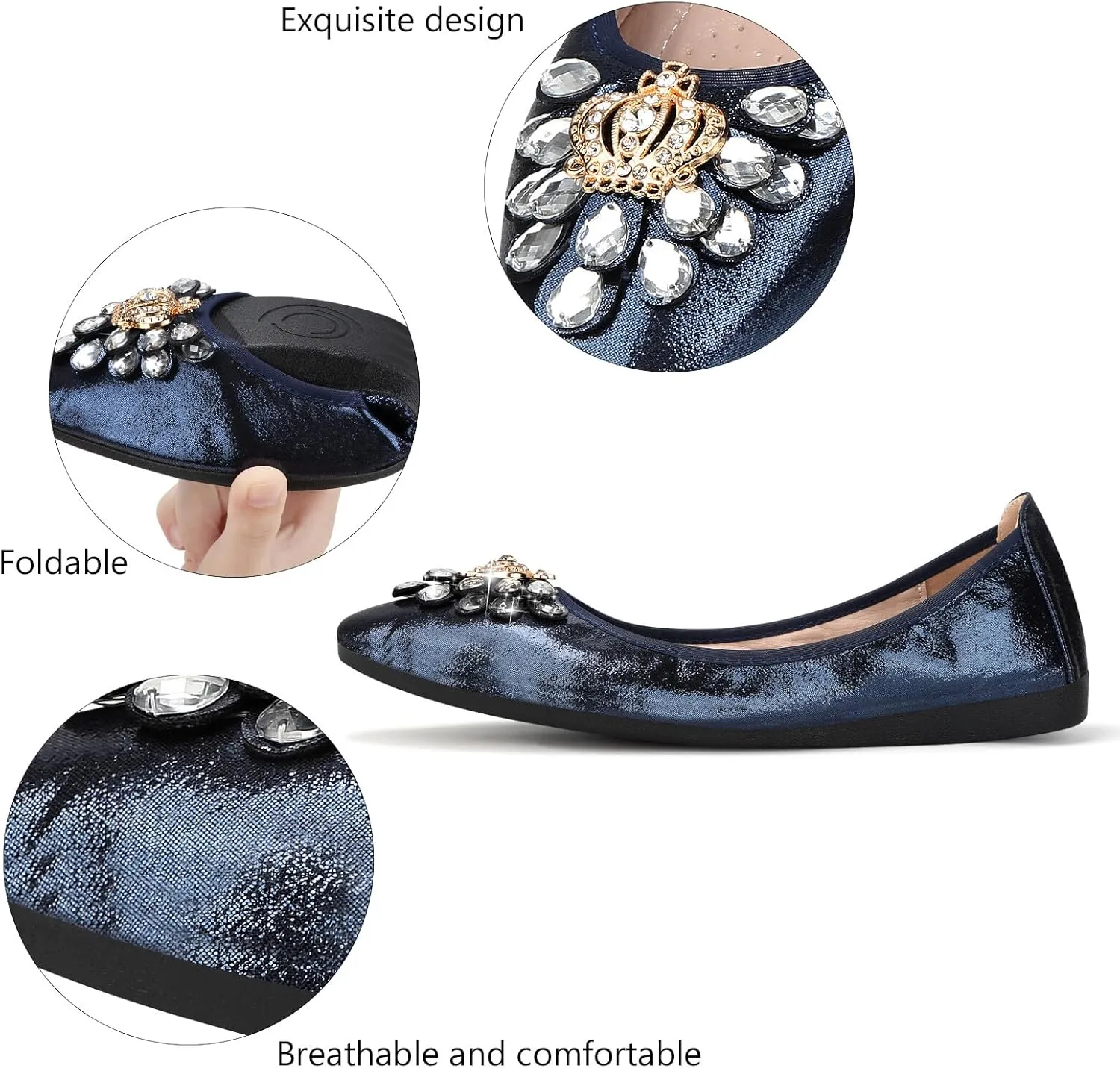 KUNWFNIX Women's Ballet Flats Foldable Classic Crown Rhinestone Slip On Flowers PU Leather Pointed Toe Comfort Flat Casual Dress Shoes