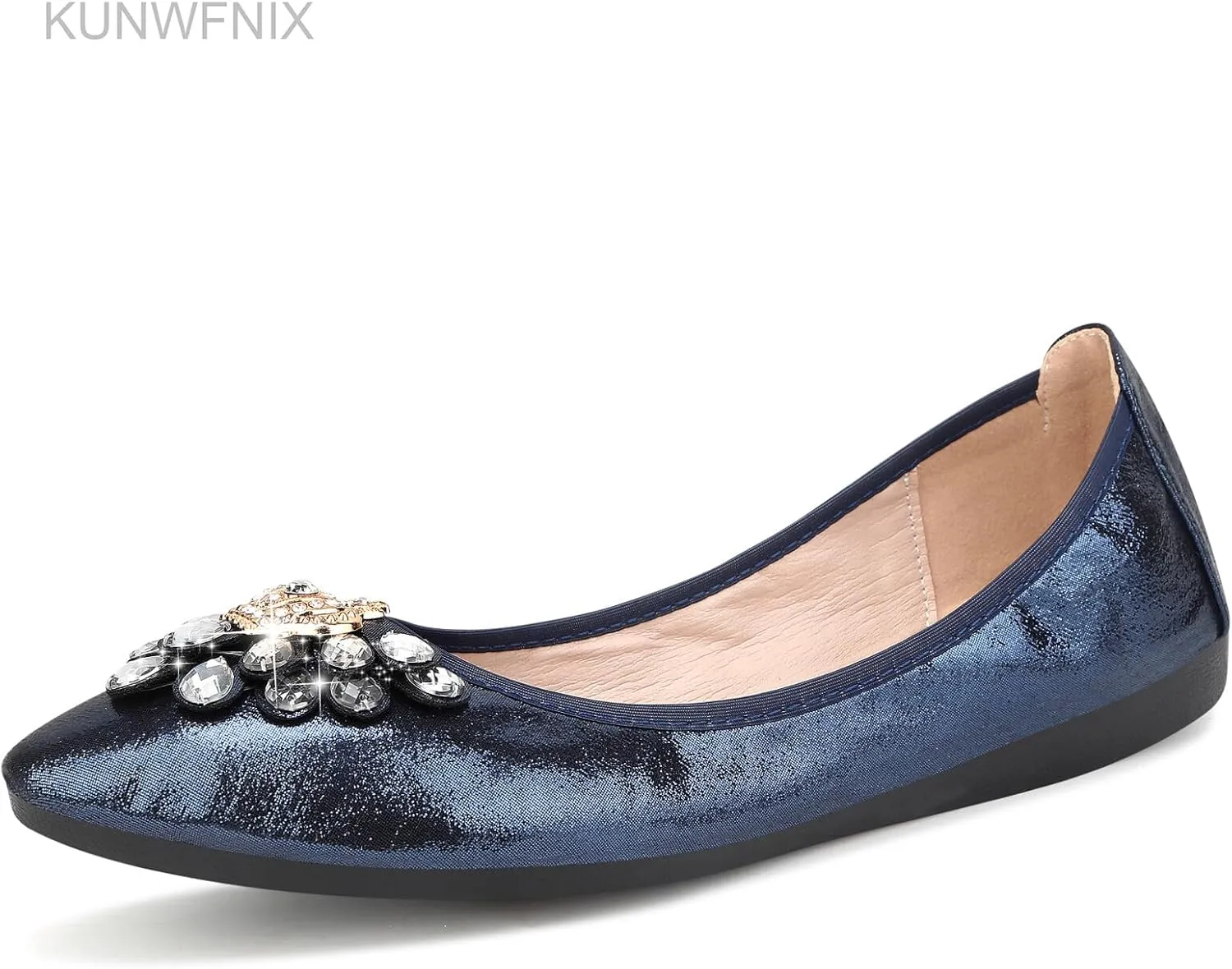 KUNWFNIX Women's Ballet Flats Foldable Classic Crown Rhinestone Slip On Flowers PU Leather Pointed Toe Comfort Flat Casual Dress Shoes