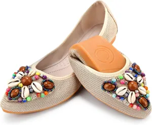 KUNWFNIX Women's Ballet Flats Foldable Classic Crown Rhinestone Slip On Flowers PU Leather Pointed Toe Comfort Flat Casual Dress Shoes