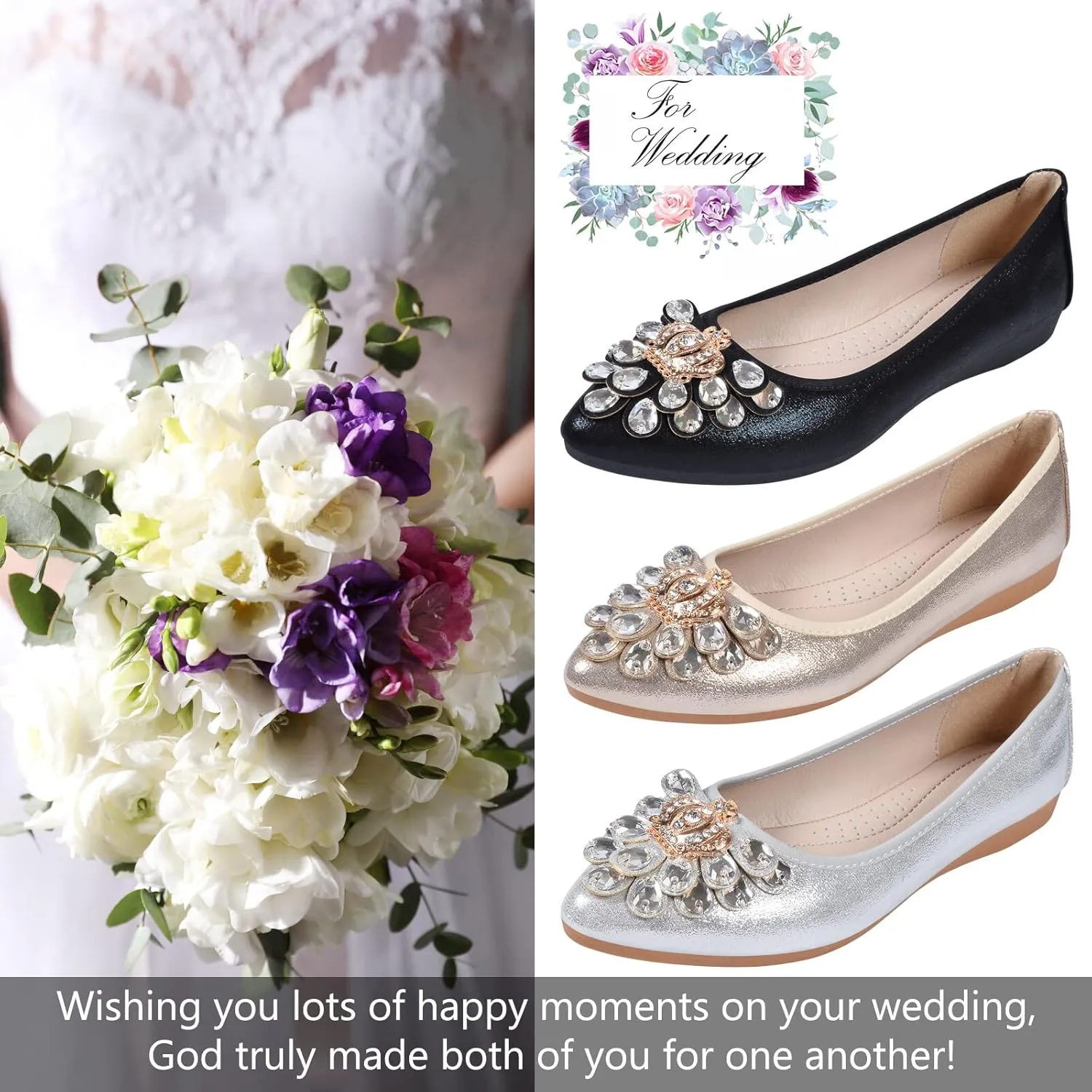 KUNWFNIX Women's Ballet Flats Foldable Classic Crown Rhinestone Slip On Flowers PU Leather Pointed Toe Comfort Flat Casual Dress Shoes
