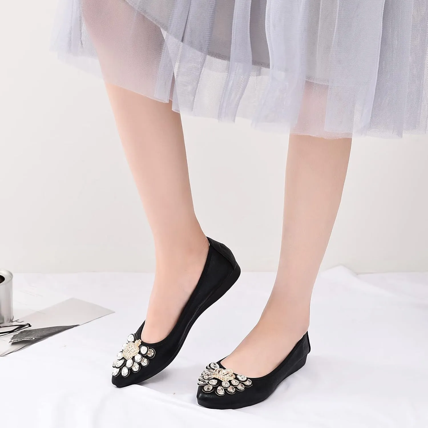 KUNWFNIX Women's Ballet Flats Foldable Classic Crown Rhinestone Slip On Flowers PU Leather Pointed Toe Comfort Flat Casual Dress Shoes
