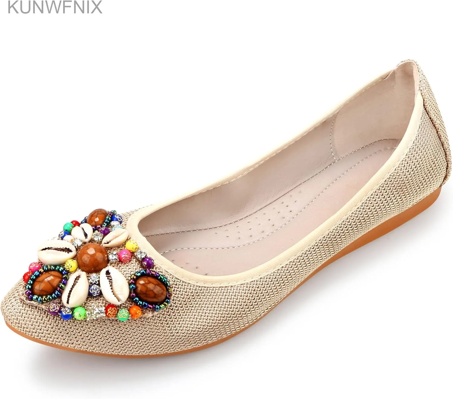 KUNWFNIX Women's Ballet Flats Foldable Classic Crown Rhinestone Slip On Flowers PU Leather Pointed Toe Comfort Flat Casual Dress Shoes