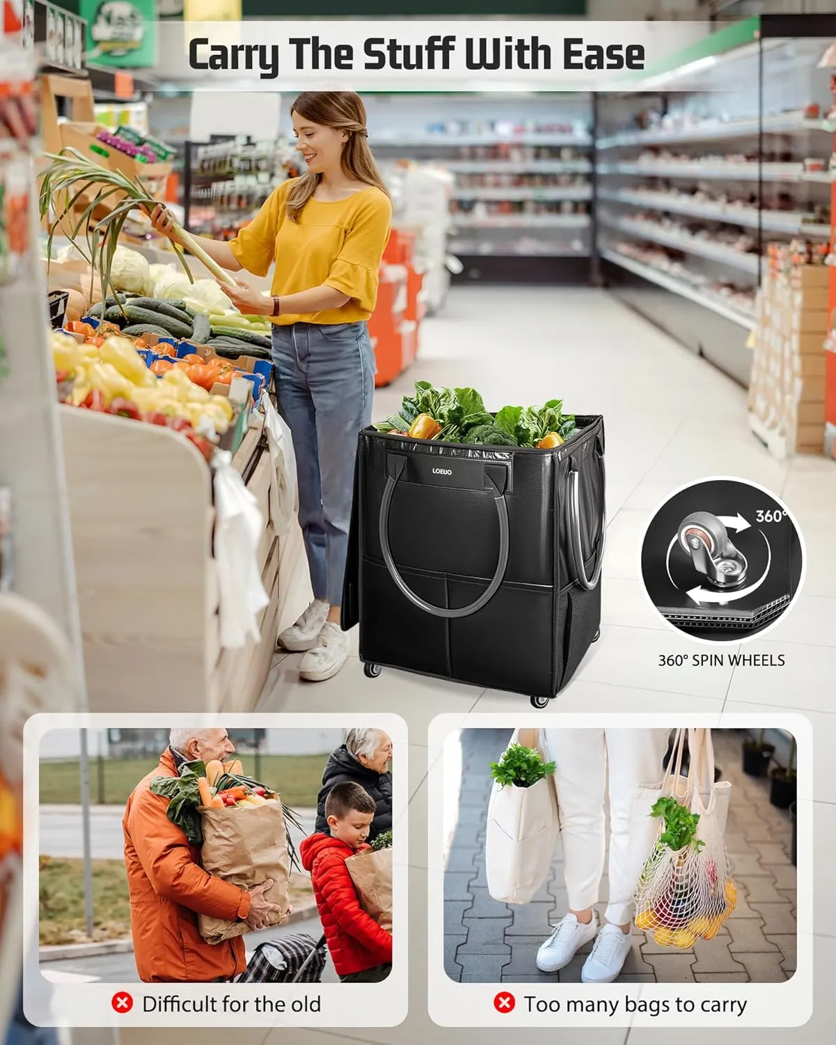 Large Reusable Grocery Bag on Wheels, Foldable Rolling Tote Bag with Detachable Roller