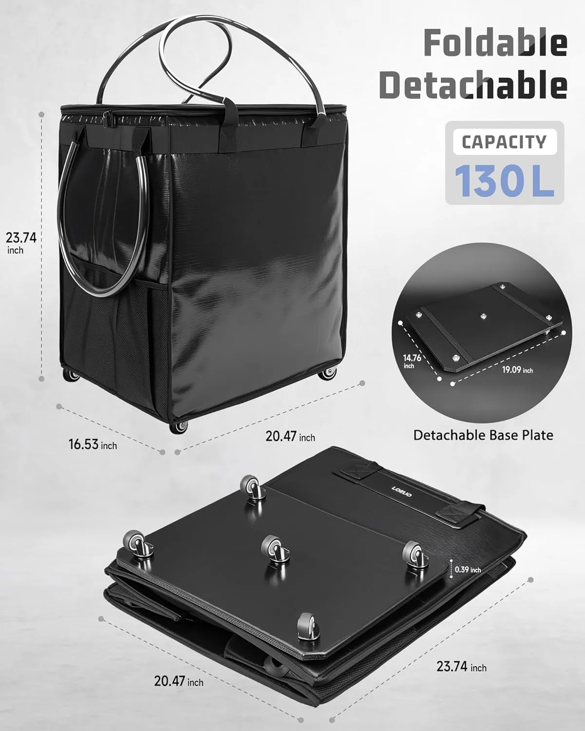 Large Reusable Grocery Bag on Wheels, Foldable Rolling Tote Bag with Detachable Roller