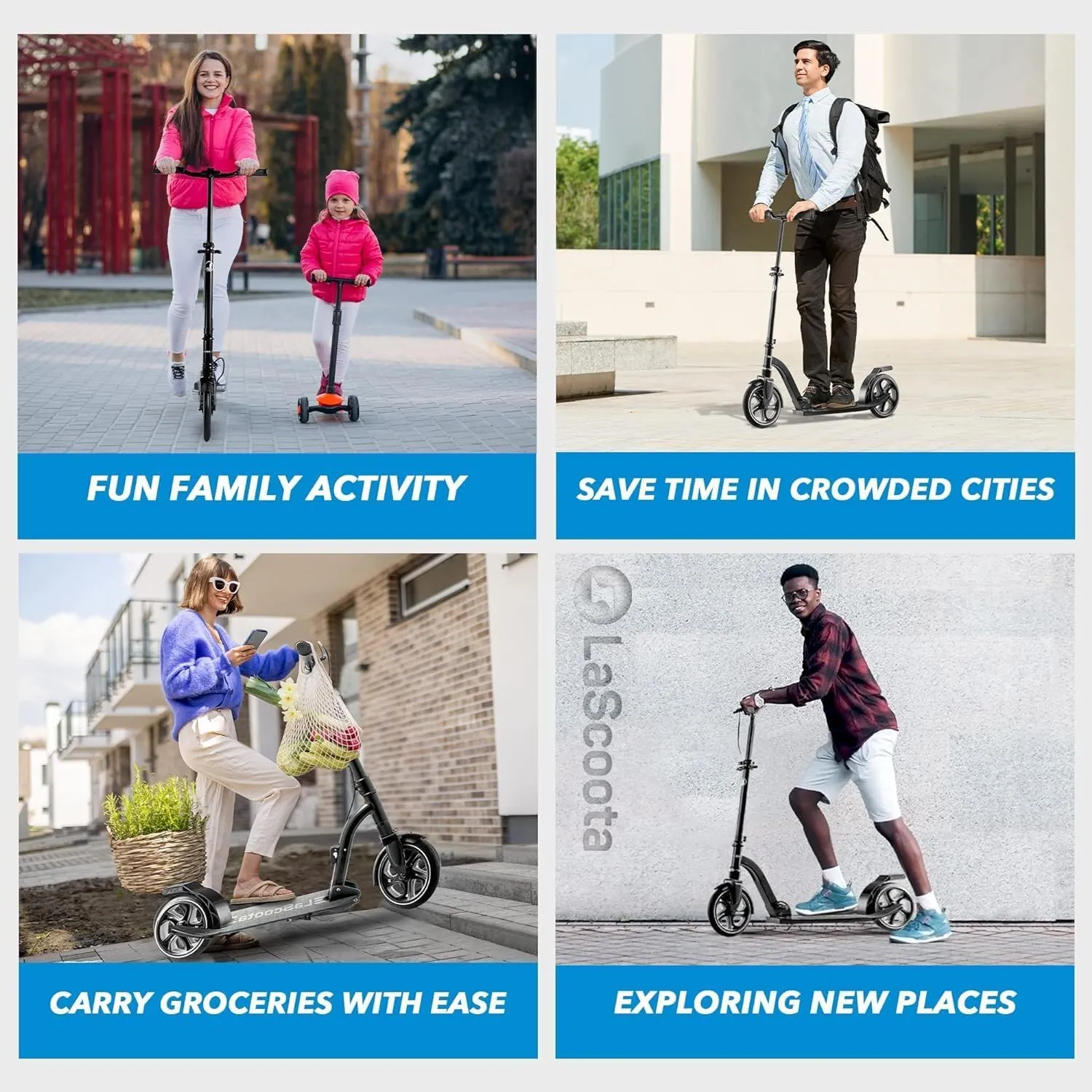 LaScoota Kick Scooter for Kids Ages 6 , Teens & Adults, Large 8" Sturdy Urethane Wheels. Adjustable Handlebar, Lightweight, Foldable, 220lbs Max Load