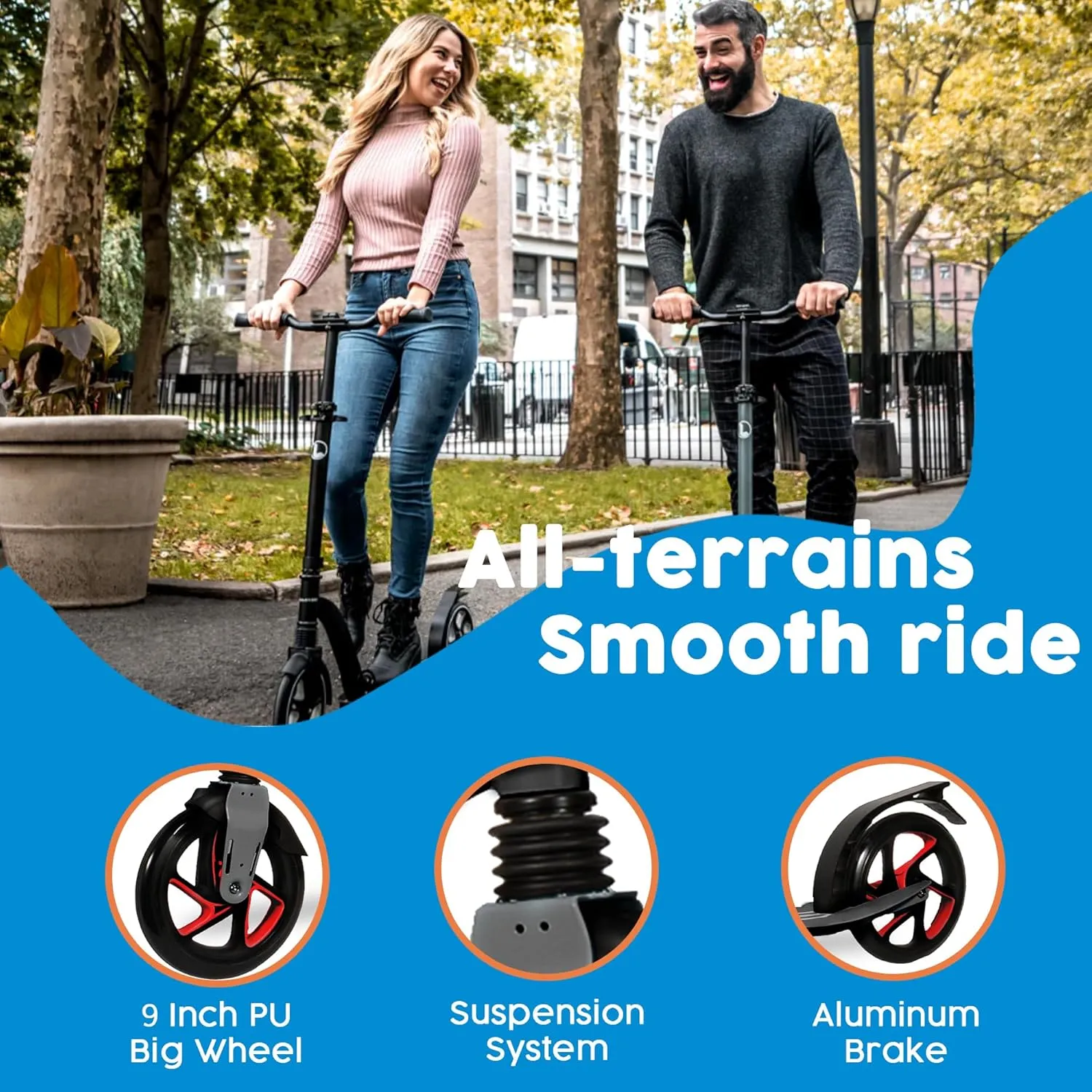 LaScoota Kick Scooter for Kids Ages 6 , Teens & Adults, Large 8" Sturdy Urethane Wheels. Adjustable Handlebar, Lightweight, Foldable, 220lbs Max Load