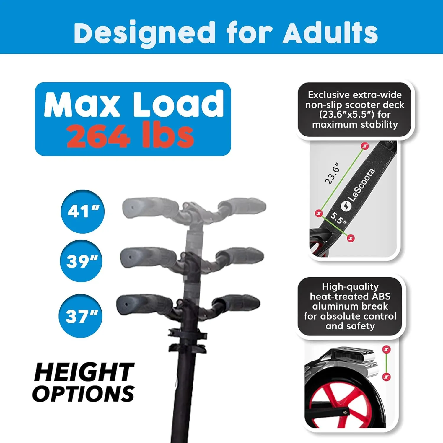 LaScoota Kick Scooter for Kids Ages 6 , Teens & Adults, Large 8" Sturdy Urethane Wheels. Adjustable Handlebar, Lightweight, Foldable, 220lbs Max Load