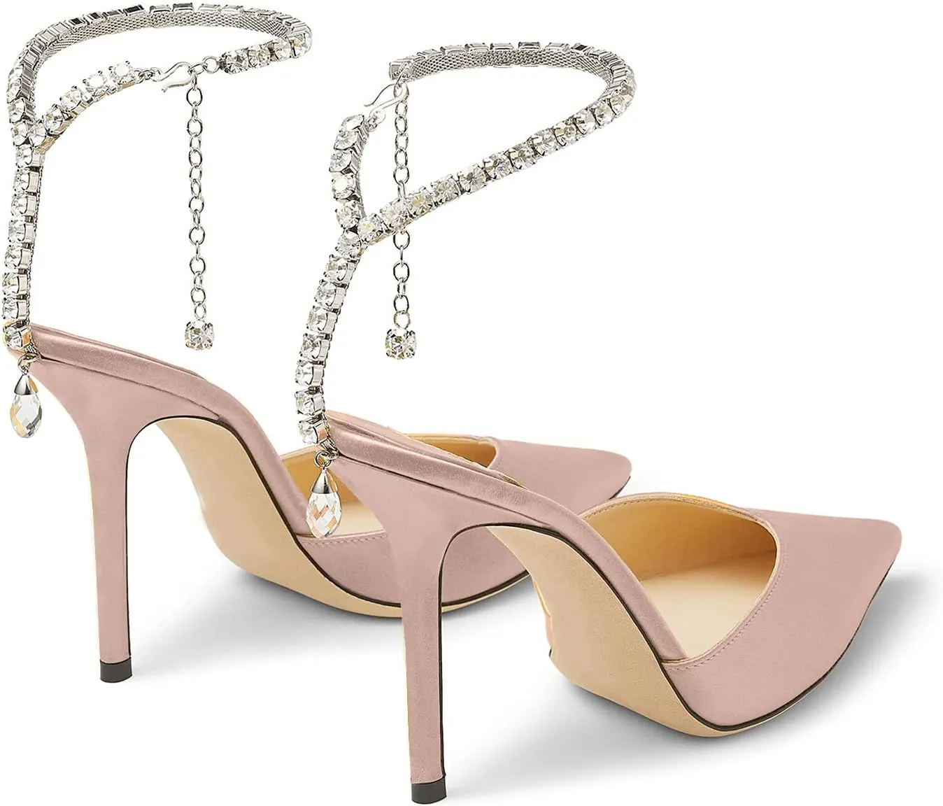 LauraVicci Women's Heeled Sandals Crystal Chain Ankle Straps Rhinestones Buckle High Heels Stiletto Slip On Wedding Party Satin Dress Shoes