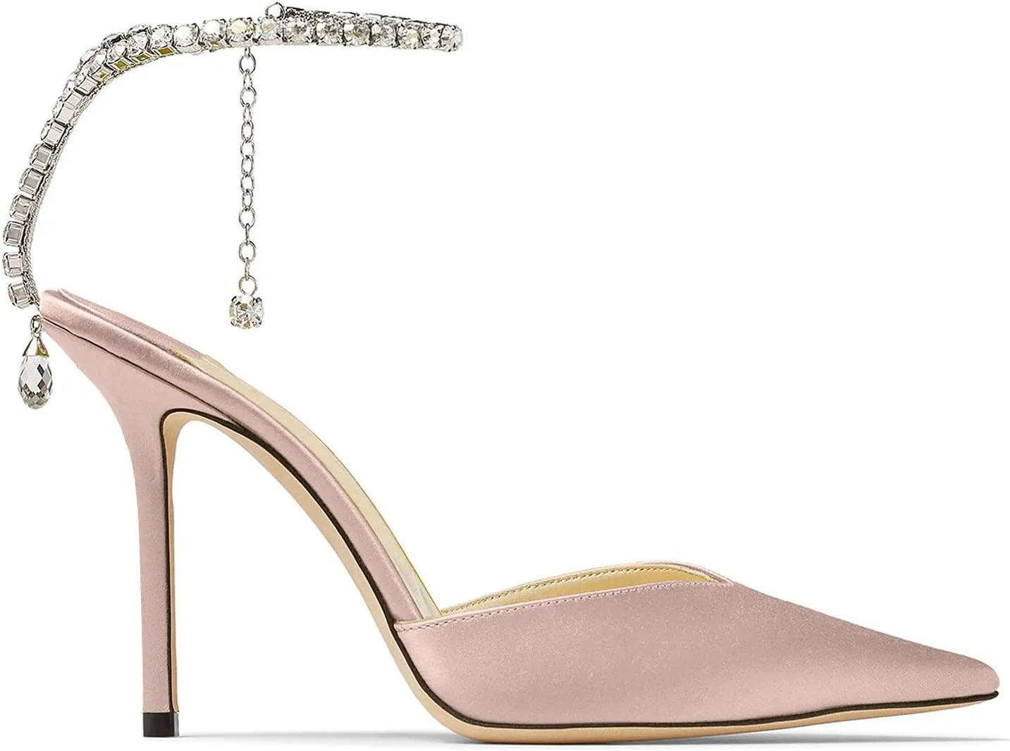 LauraVicci Women's Heeled Sandals Crystal Chain Ankle Straps Rhinestones Buckle High Heels Stiletto Slip On Wedding Party Satin Dress Shoes