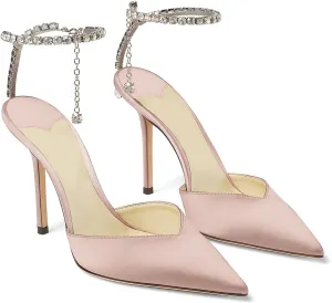 LauraVicci Women's Heeled Sandals Crystal Chain Ankle Straps Rhinestones Buckle High Heels Stiletto Slip On Wedding Party Satin Dress Shoes
