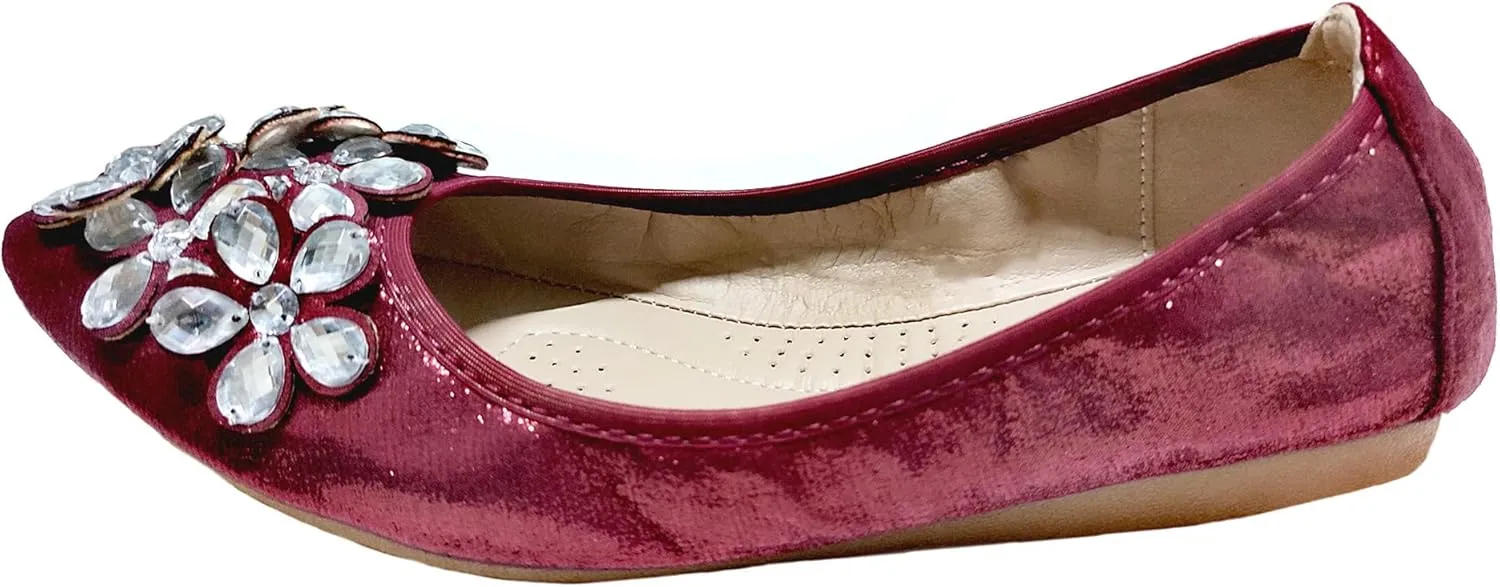 Lauthen.S Women Foldable Ballet Flats, Pointed Toe Wedding Rhinestone Slip on Flat Shoes