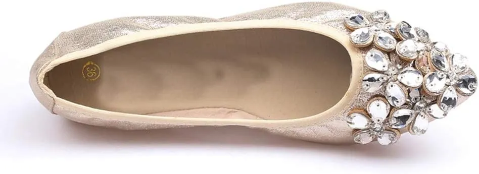 Lauthen.S Women Foldable Ballet Flats, Pointed Toe Wedding Rhinestone Slip on Flat Shoes