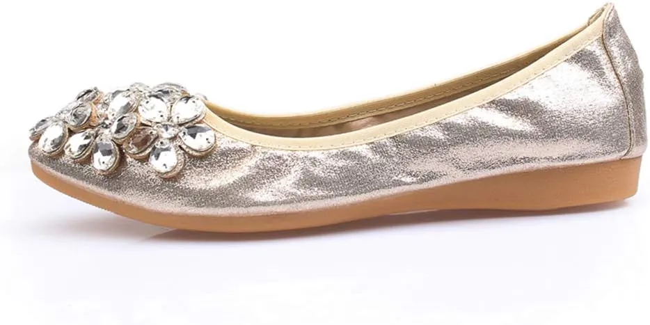 Lauthen.S Women Foldable Ballet Flats, Pointed Toe Wedding Rhinestone Slip on Flat Shoes