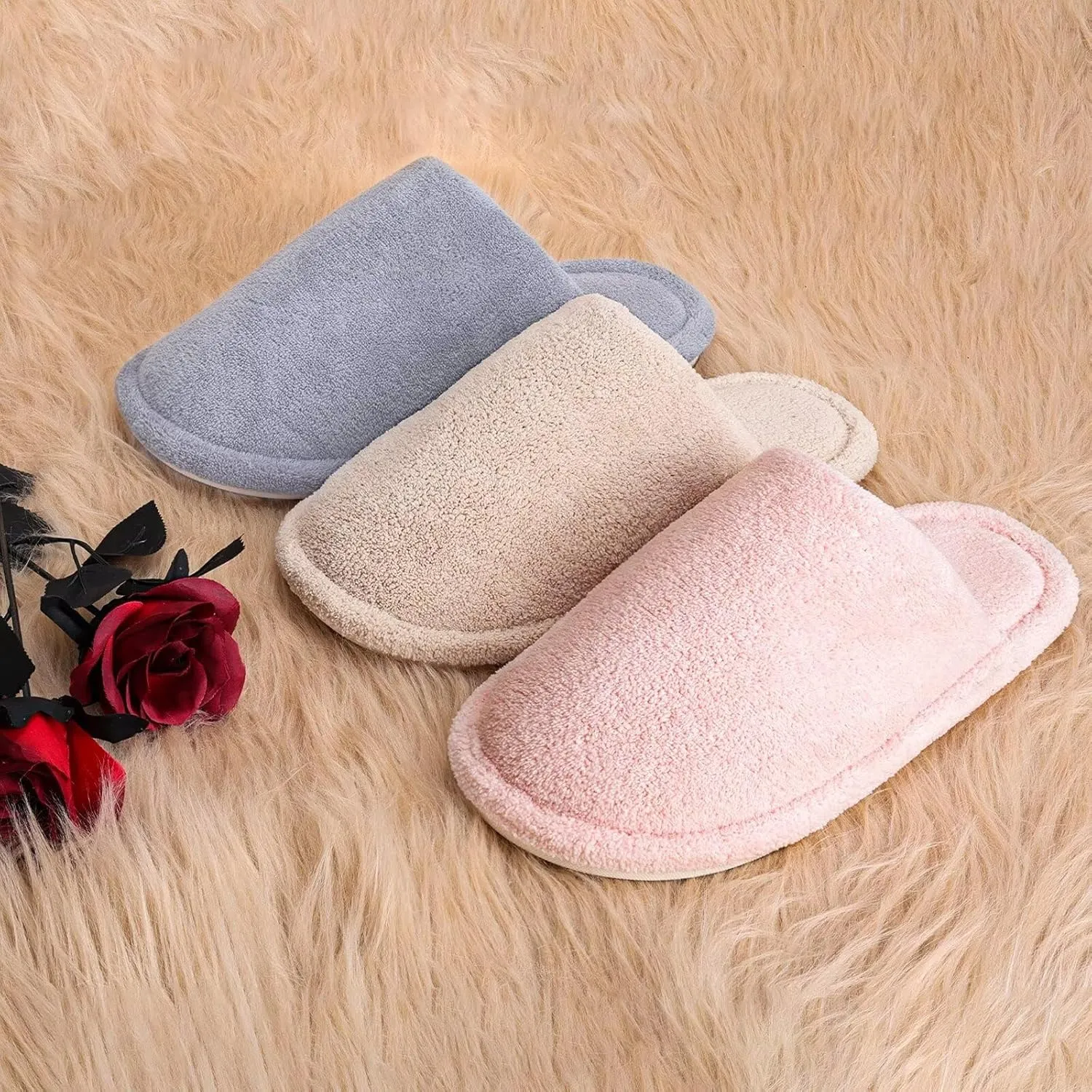 LBF Women's Fuzzy House Slippers Non-Slip Winter Warm Indoor Cozy Soft Memory Foam Slip-On Lightweight Slippers for Women