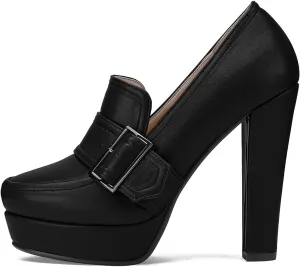 LEHOOR Women Vintage Chunky Platform Loafers Shoes Round Closed Toe Block High Heel Pumps Slip On 4 Inch Heels Platform Sandals Buckle Strap Office Ladies Dressy Chic Wedding Party Ball 4-11 M US