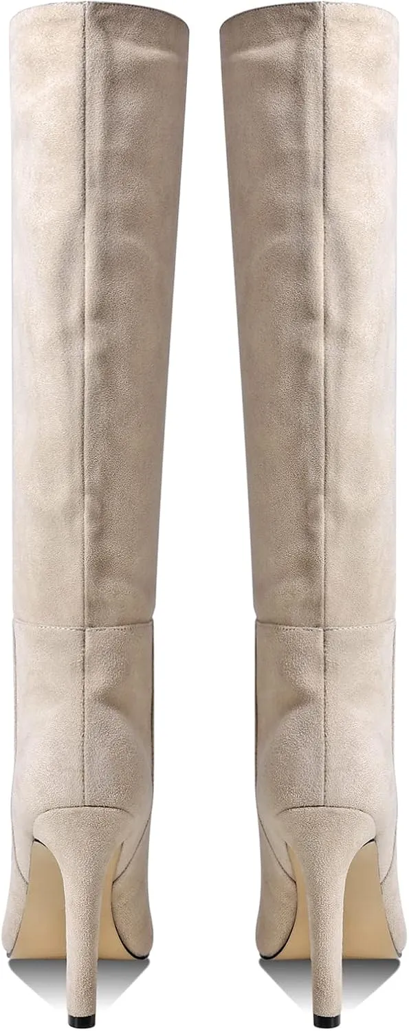 LEMUTISME Women's Classic Pointed Toe Stitchcraft Slouchy Wide Calf Slip On Elegant Stiletto High Heel Knee High Boots