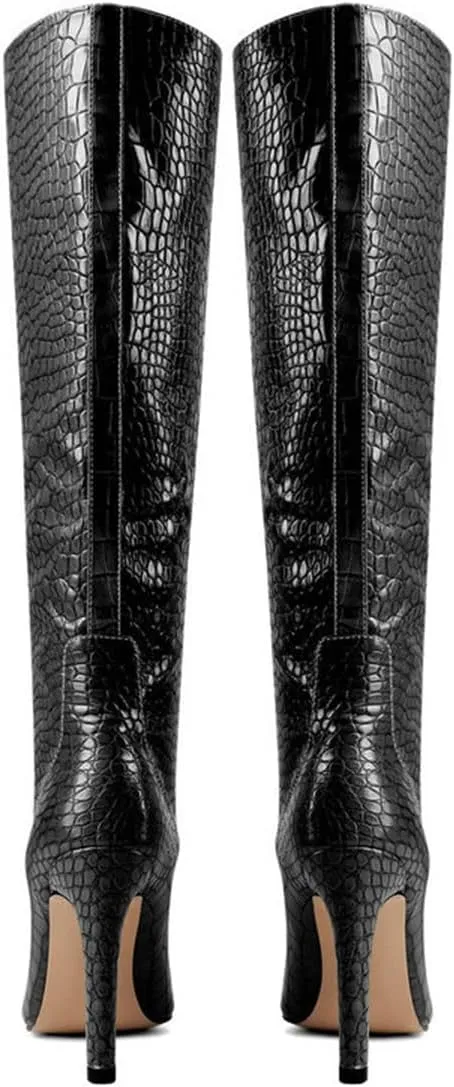 LEMUTISME Women's Classic Pointed Toe Stitchcraft Slouchy Wide Calf Slip On Elegant Stiletto High Heel Knee High Boots