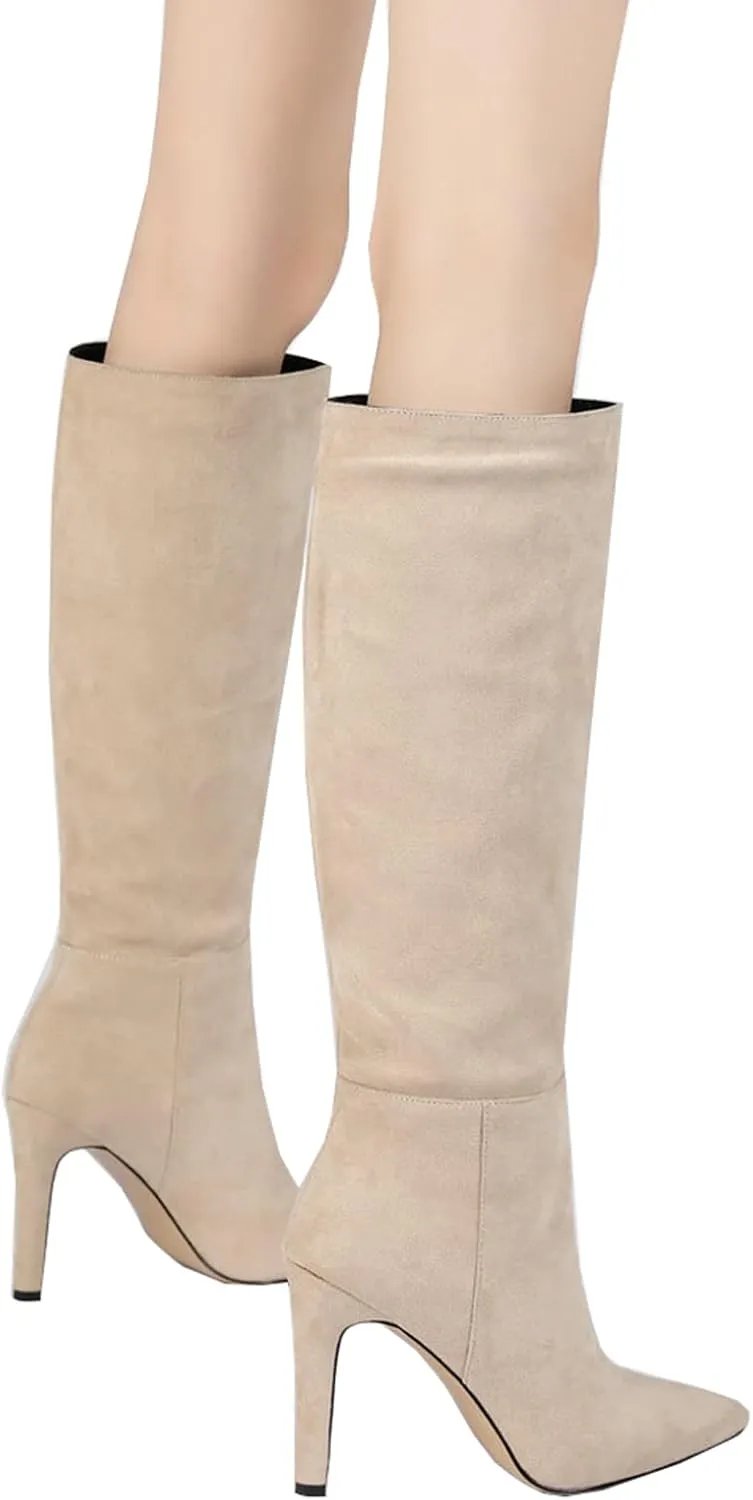 LEMUTISME Women's Classic Pointed Toe Stitchcraft Slouchy Wide Calf Slip On Elegant Stiletto High Heel Knee High Boots