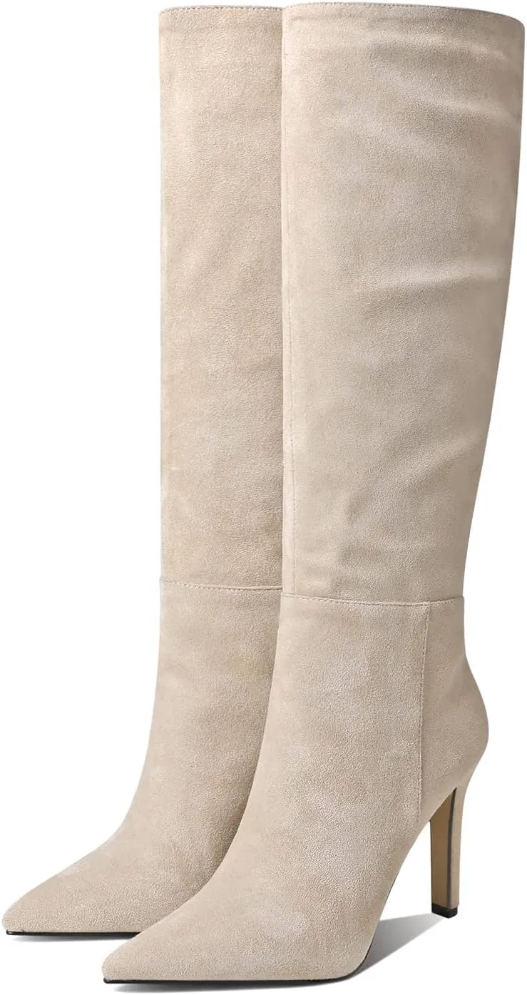 LEMUTISME Women's Classic Pointed Toe Stitchcraft Slouchy Wide Calf Slip On Elegant Stiletto High Heel Knee High Boots