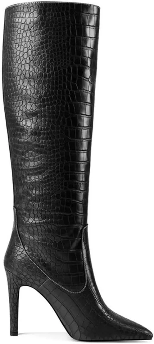 LEMUTISME Women's Classic Pointed Toe Stitchcraft Slouchy Wide Calf Slip On Elegant Stiletto High Heel Knee High Boots