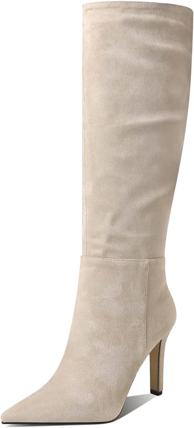LEMUTISME Women's Classic Pointed Toe Stitchcraft Slouchy Wide Calf Slip On Elegant Stiletto High Heel Knee High Boots