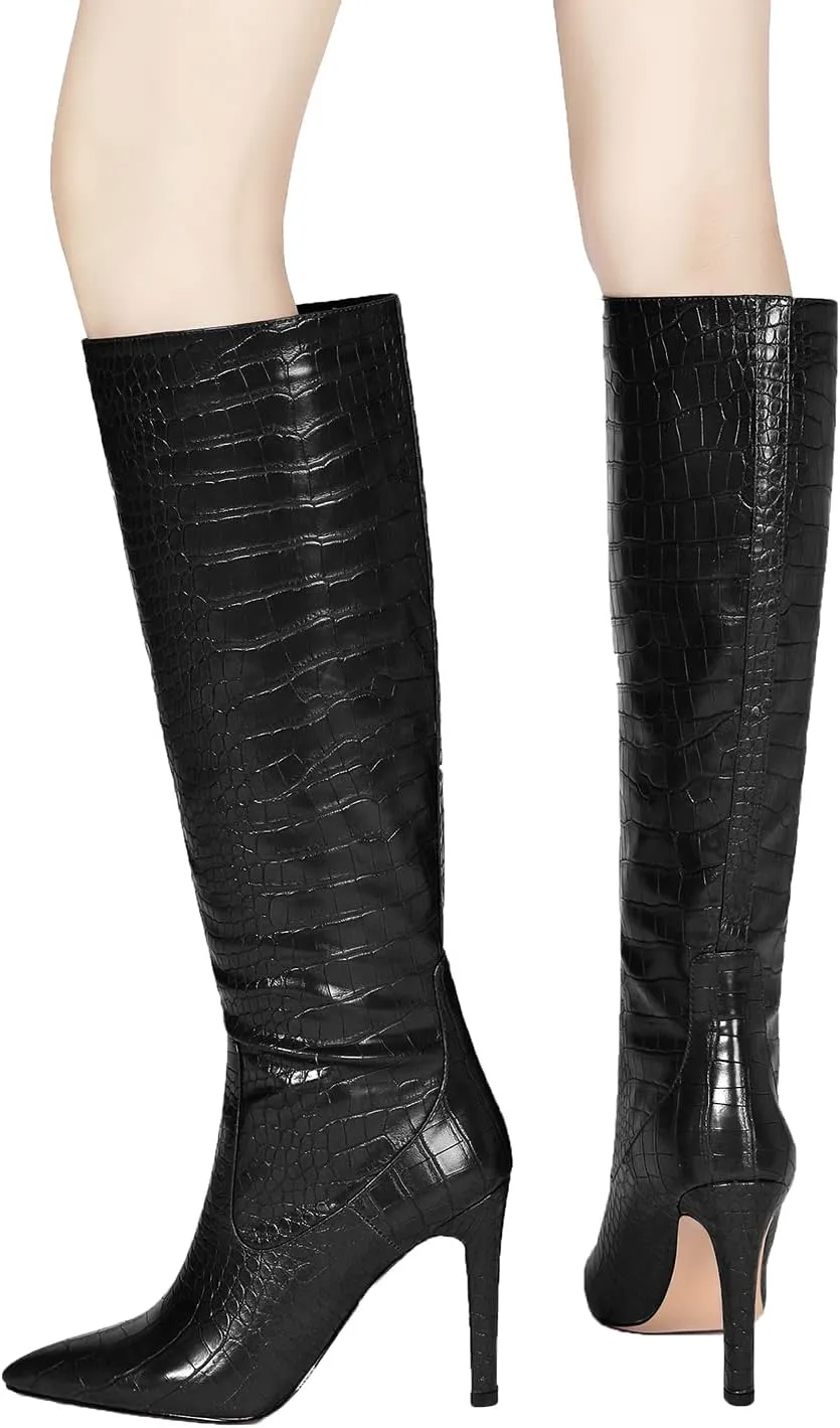 LEMUTISME Women's Classic Pointed Toe Stitchcraft Slouchy Wide Calf Slip On Elegant Stiletto High Heel Knee High Boots