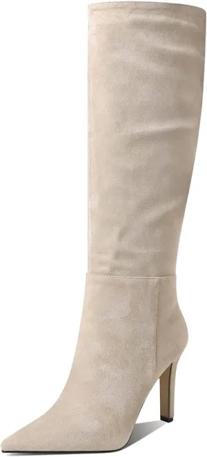 LEMUTISME Women's Classic Pointed Toe Stitchcraft Slouchy Wide Calf Slip On Elegant Stiletto High Heel Knee High Boots
